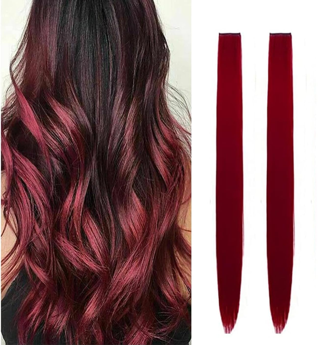 20-Inch Maroon Synthetic Hair Streaks Clip-In Extensions for Instant Highlights – Pack of 2 | Straight Hair Extensions for Women & Girls | Perfect for Parties, Weddings, Cosplay & Everyday Styling