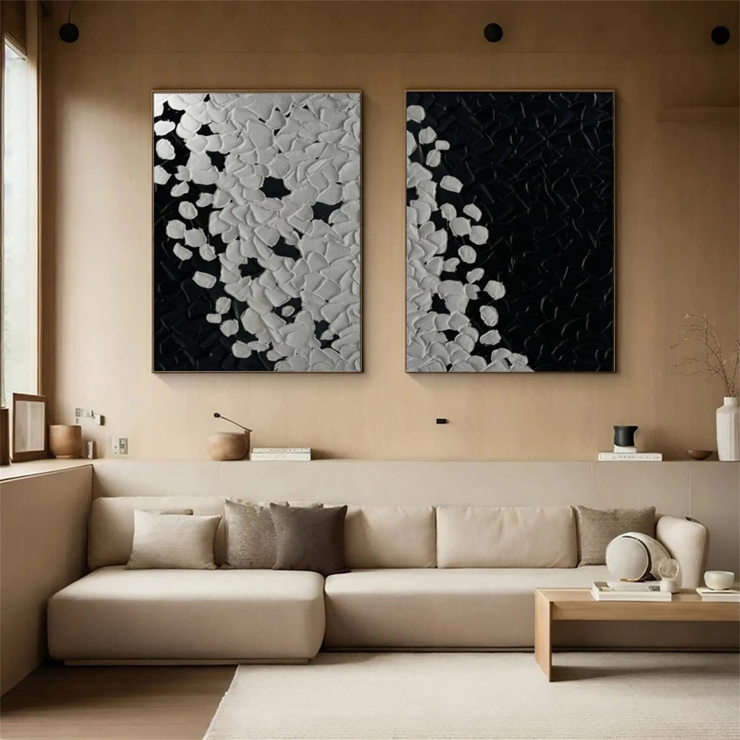 Modern Black and White Textured Minimalist Wall Art Set of 2 - Abstract Canvas Paintings for Living Room, Bedroom & Office Decor #MZ107