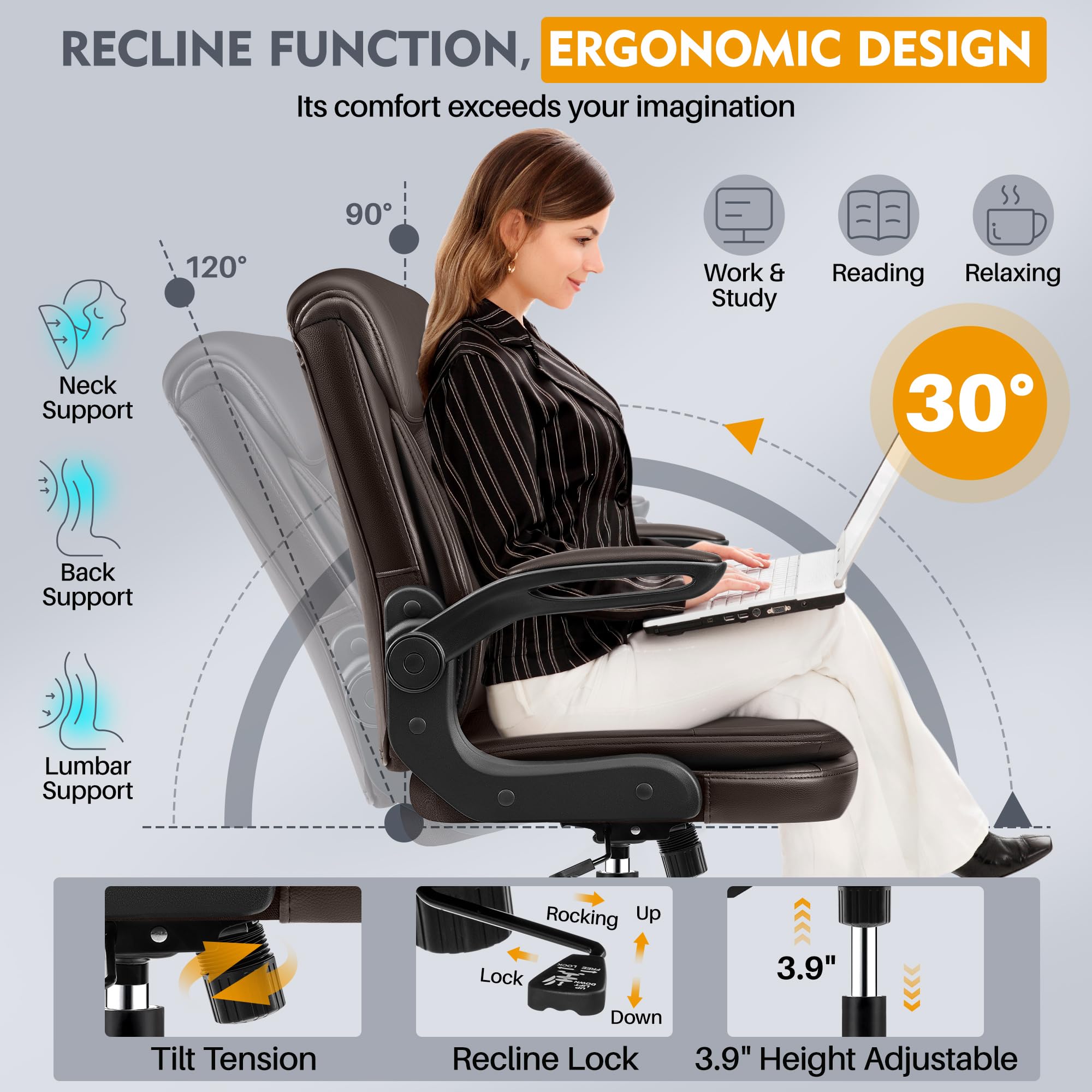 Premium Ergonomic Office Chair with Lumbar Support - Adjustable Height Executive Desk Chair with Flip-Up Armrests & Rocking Function, High-Quality Leather Computer Chair for Home Office, Conference Rooms & Workspaces