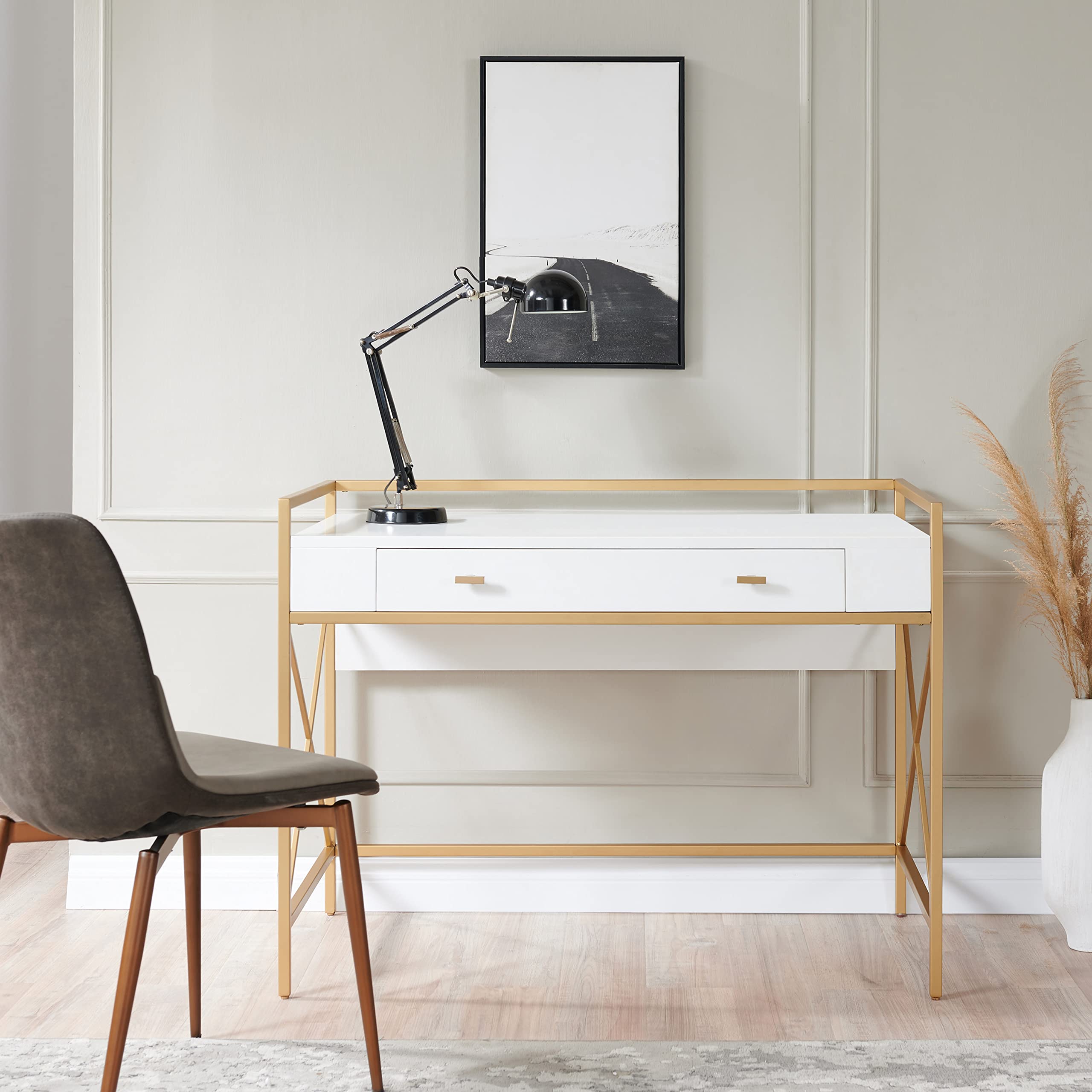 Leick Home 9240-WTGL Claudette Modern Mixed Metal & Wood Computer Desk with Drop-Front Keyboard Tray - White & Satin Gold Finish | Perfect for Home Office, Study Room & Small Spaces