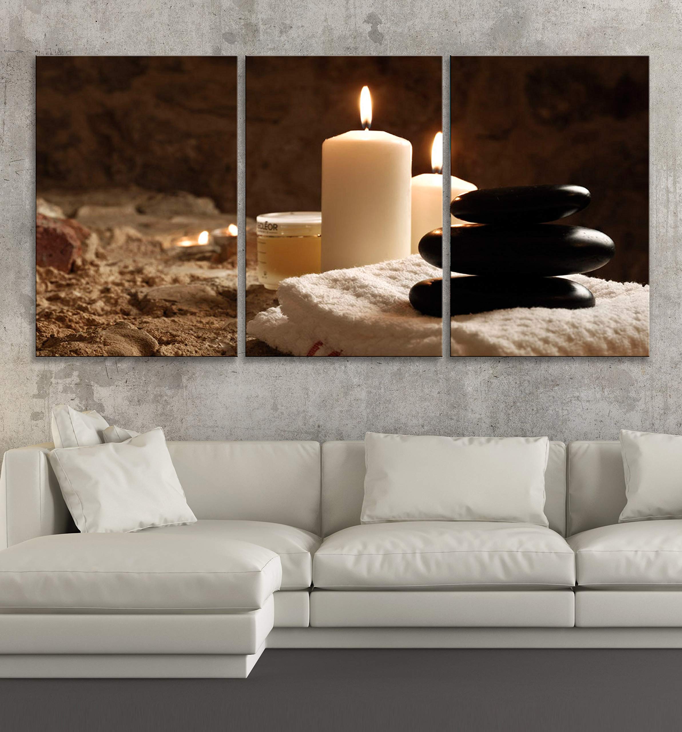 30x60 Inch 3-Panel Framed Canvas Wall Art - Black Stone & Candle Spa Relaxation Decor for Living Room & Bedroom (1.5