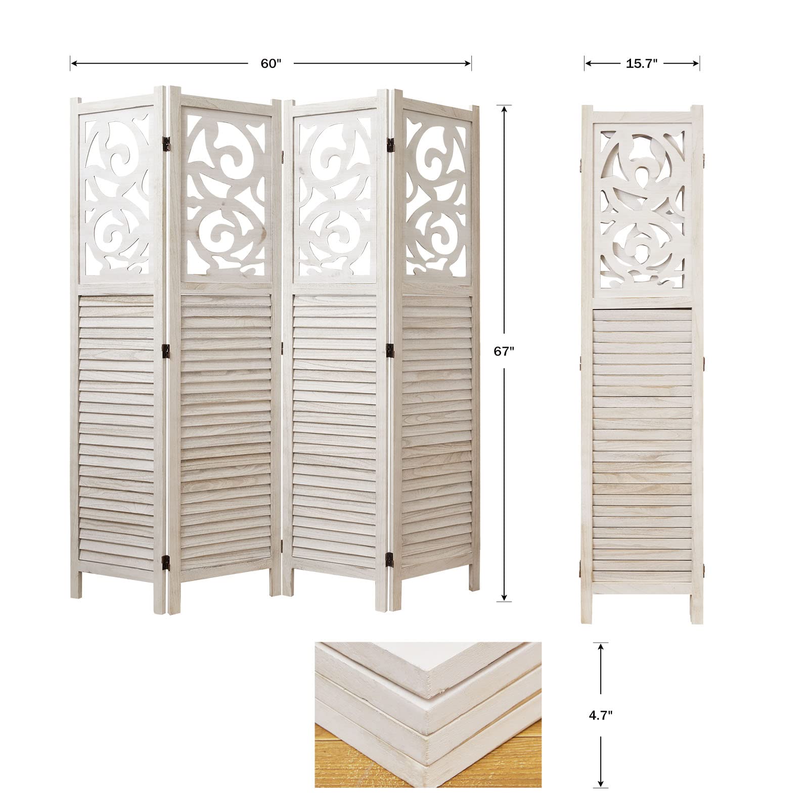 Wooden Room Divider Folding Partition Screen - 4 Panel 67x60 Inch Portable Wall Divider for Home, Office, Garden & Terrace - Perfect for Privacy, Space Separation & Decoration (White)