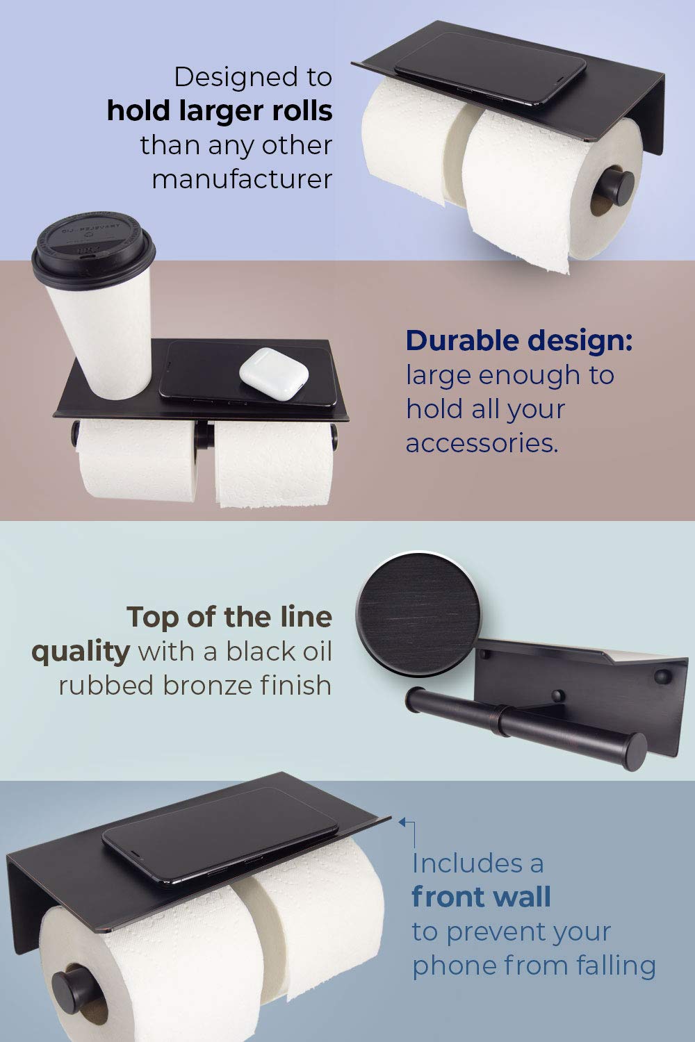 Modern Reversible Toilet Paper Holder with Phone Shelf - Oil Rubbed Bronze Double Roll Bathroom Organizer - Space Saving Design for Small Bathrooms, Powder Rooms & RVs
