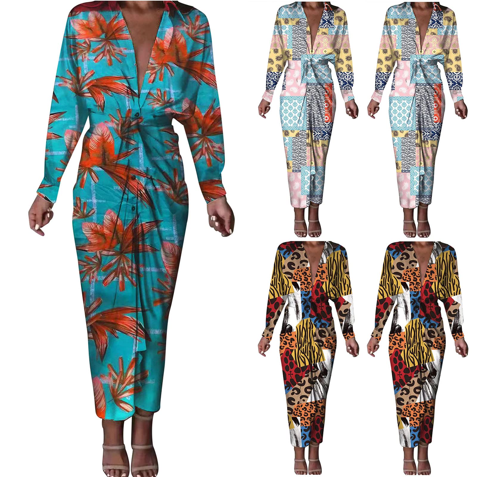 Women's Floral Maxi Shirt Dress with Belt - V Neck Long Sleeve Ruched Casual Dress for Fall Wedding Guest, Beach Cover Up & Date Night Outfit