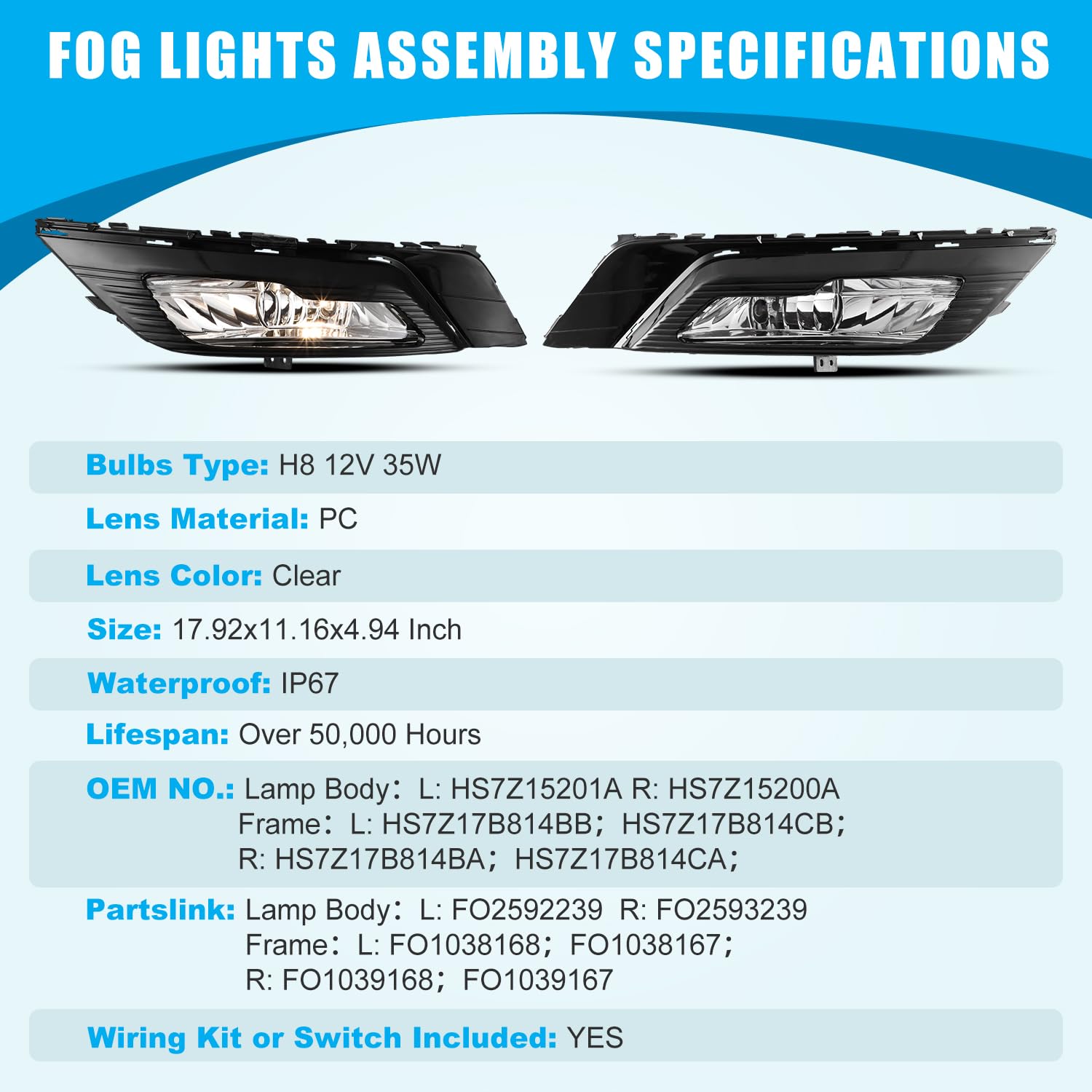 2017-2018 Ford Fusion Fog Lights Assembly - OEM Replacement Driving Lamps with H8 Halogen Bulbs, Wiring Harness & Switch (Black Housing, Clear Lens) - Perfect for Night Driving & Low Visibility Conditions