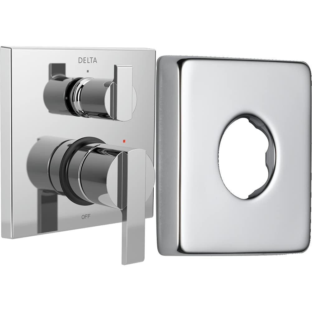 Delta Faucet T24867 Chrome Ara Angular Modern Monitor 14 Series Valve Trim with 3-Setting Diverter & Vero Shower Flange - Tub and Shower Faucet Set in Chrome Finish | Perfect for Bathroom Renovation & Luxury Shower Experience