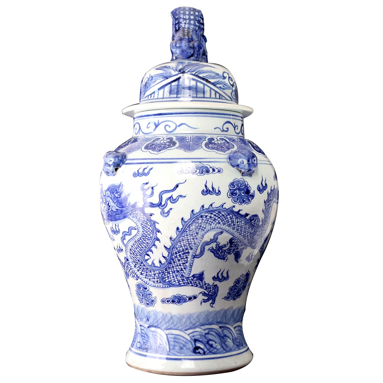 Hand-Painted Blue and White Chinese Porcelain Dragon Temple Jar - 24 Inch Tall Jingdezhen Ceramic Vase for Home Decor, Asian-Inspired Living Room Centerpiece & Luxury Gift