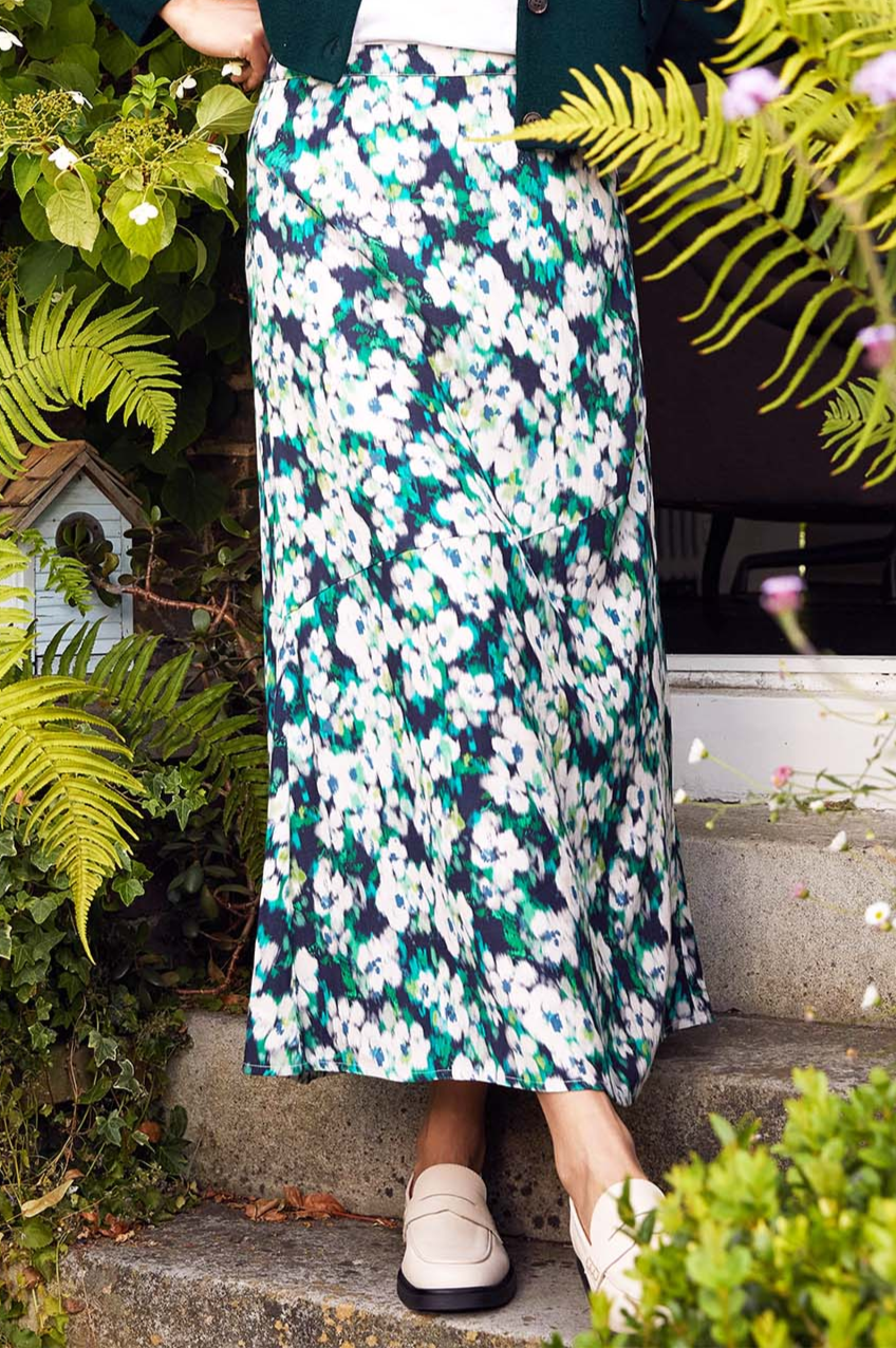 Elodie Skirt - Floral Print Midi Skirt in Navy, Cream & Green | Boho Chic Summer Dress for Women | Perfect for Beach Vacations, Date Nights & Casual Outings