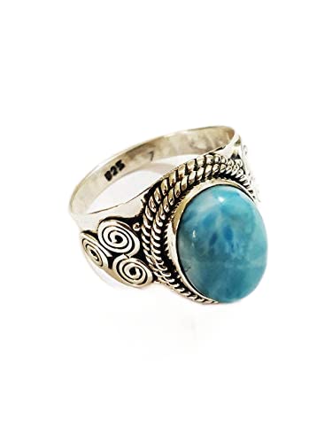 Larimar Ring - 925 Sterling Silver Sky Stone Ring | Dominican Larimar Jewelry | Boho Healing Vintage Style Ring | Perfect for Engagement, BFF Gifts & Spiritual Healing | Handmade Artisan Blue Stone Ring for Women
