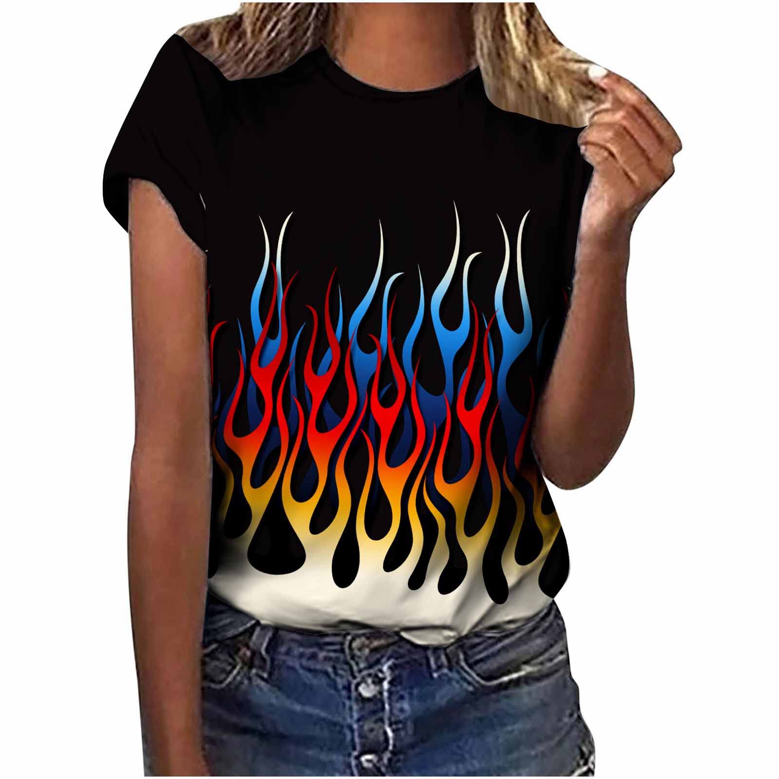 HUERTOP Women's Casual Short Sleeve Crewneck Blouse with Flame Print - Stylish Floral Pattern Tops for Summer, Work, and Daily Wear