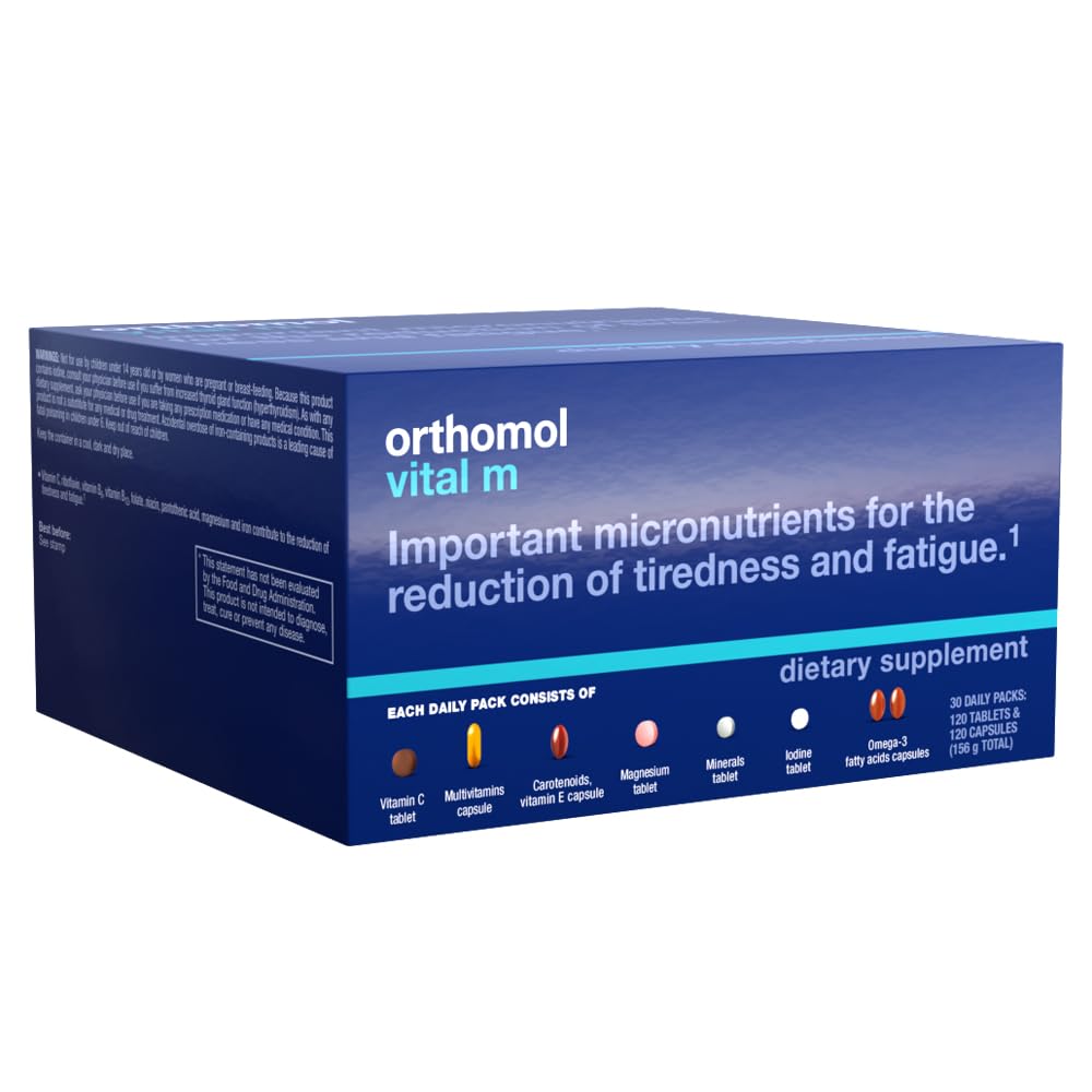 Orthomol Vital M Men's Multivitamin Supplement - 30-Day Supply with Vitamins A, B, C, D, E, K, Iodine & Omega-3 - Daily Immune Support & Energy Booster for Active Men