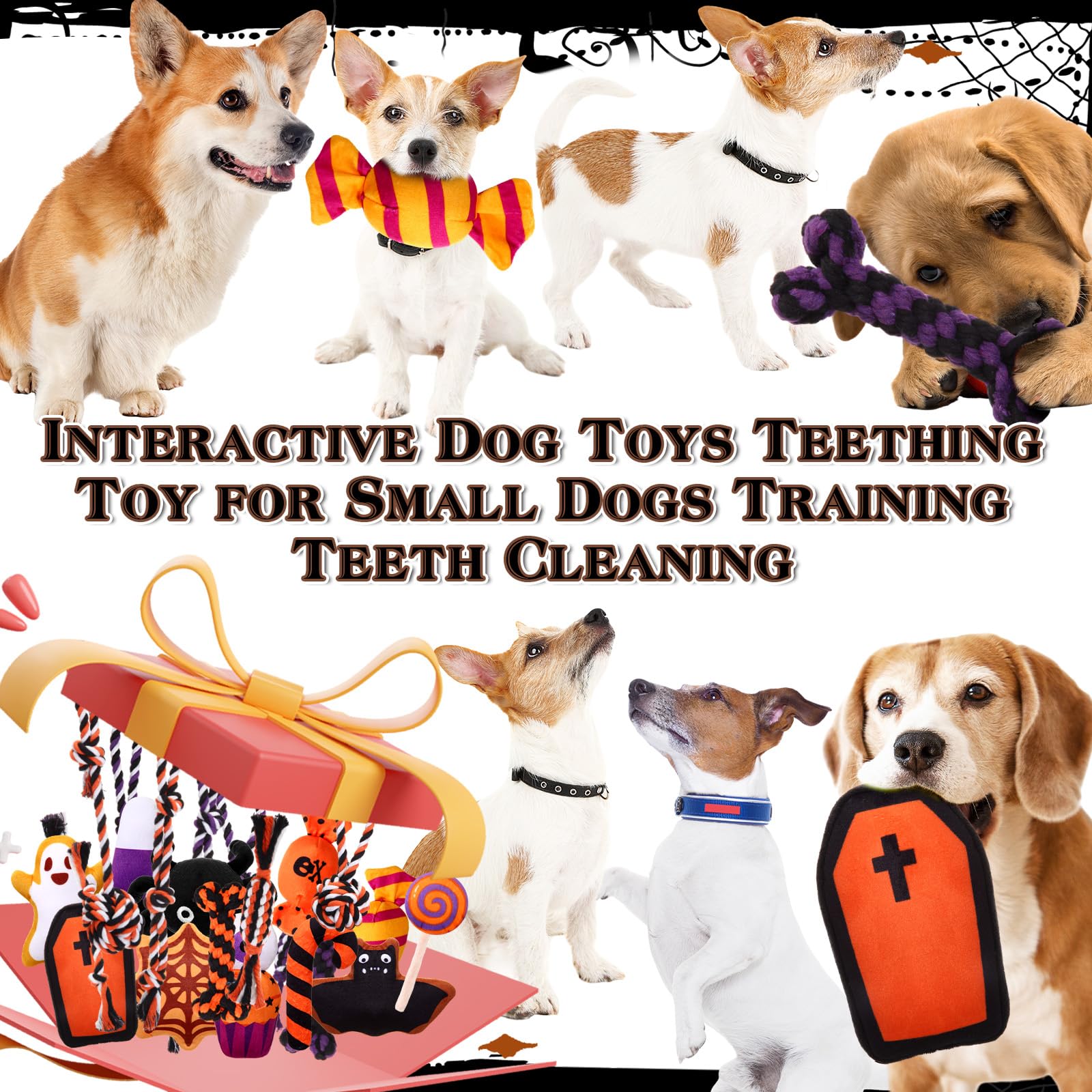 23 Pcs Halloween Dog Toys Set - Squeaky Spider Plush, Rope Chew & Ghost Stuffed Toys for Puppies - Interactive Teething & Teeth Cleaning Toys for Small Dogs - Perfect for Halloween Parties, Training & Playtime