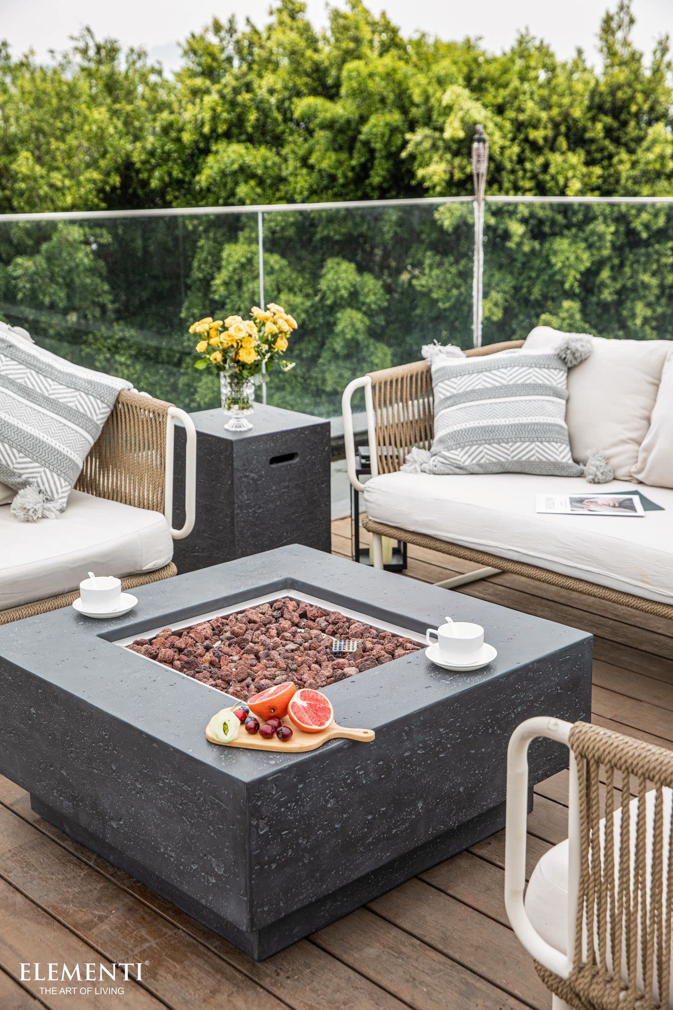AMS Modern Concrete Propane Fire Pit Table for Outdoor Patio - Includes Cover & Lava Rocks | Elementi Dark Grey Manhattan Design | Liquid Propane Fuel | Perfect for Backyard Gatherings, Poolside Relaxation & Cozy Evenings