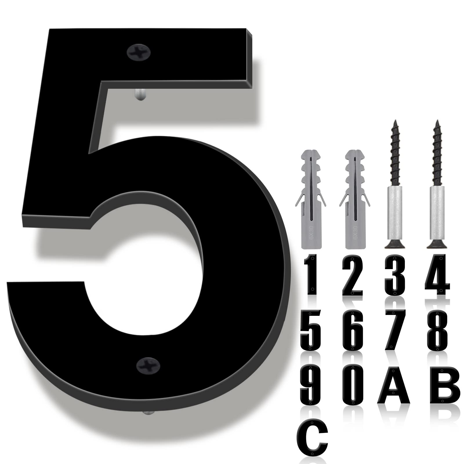 6 Inch Modern Floating House Numbers - Black Address Sign for Outdoor Garden, Door & Mailbox - Includes Nail Kit (Set of 5) | Perfect for Home Exterior, Front Yard Decor & Easy Address Identification