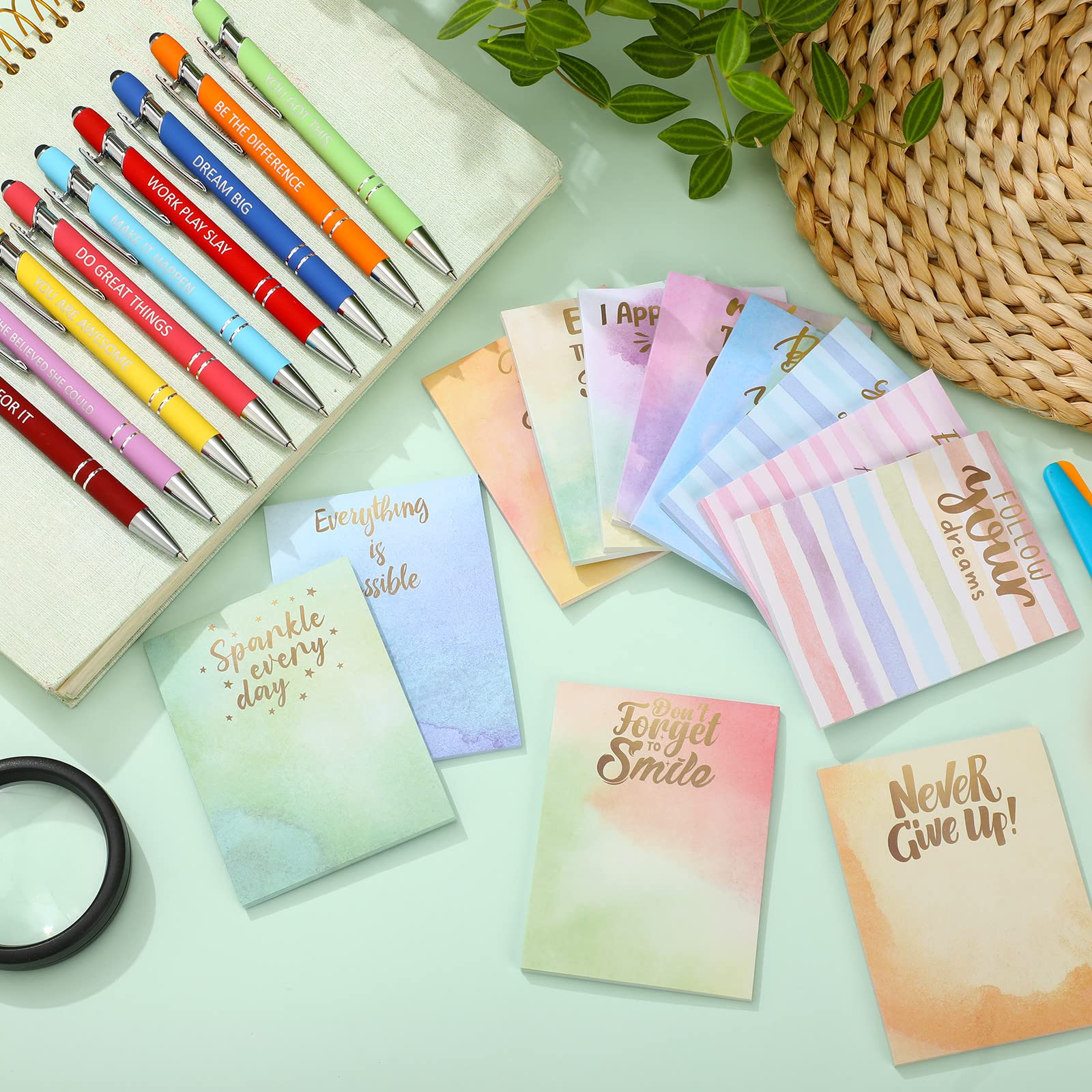 Geyee 24-Pack Funny Sticky Notes with Sarcastic Sayings & Ballpoint Pens - 3x4 Inch Motivational Notepads for Office, Coworkers, Nurses, Teachers - Perfect for To-Do Lists, Appreciation Gifts & Workplace Humor (Inspirational Design)