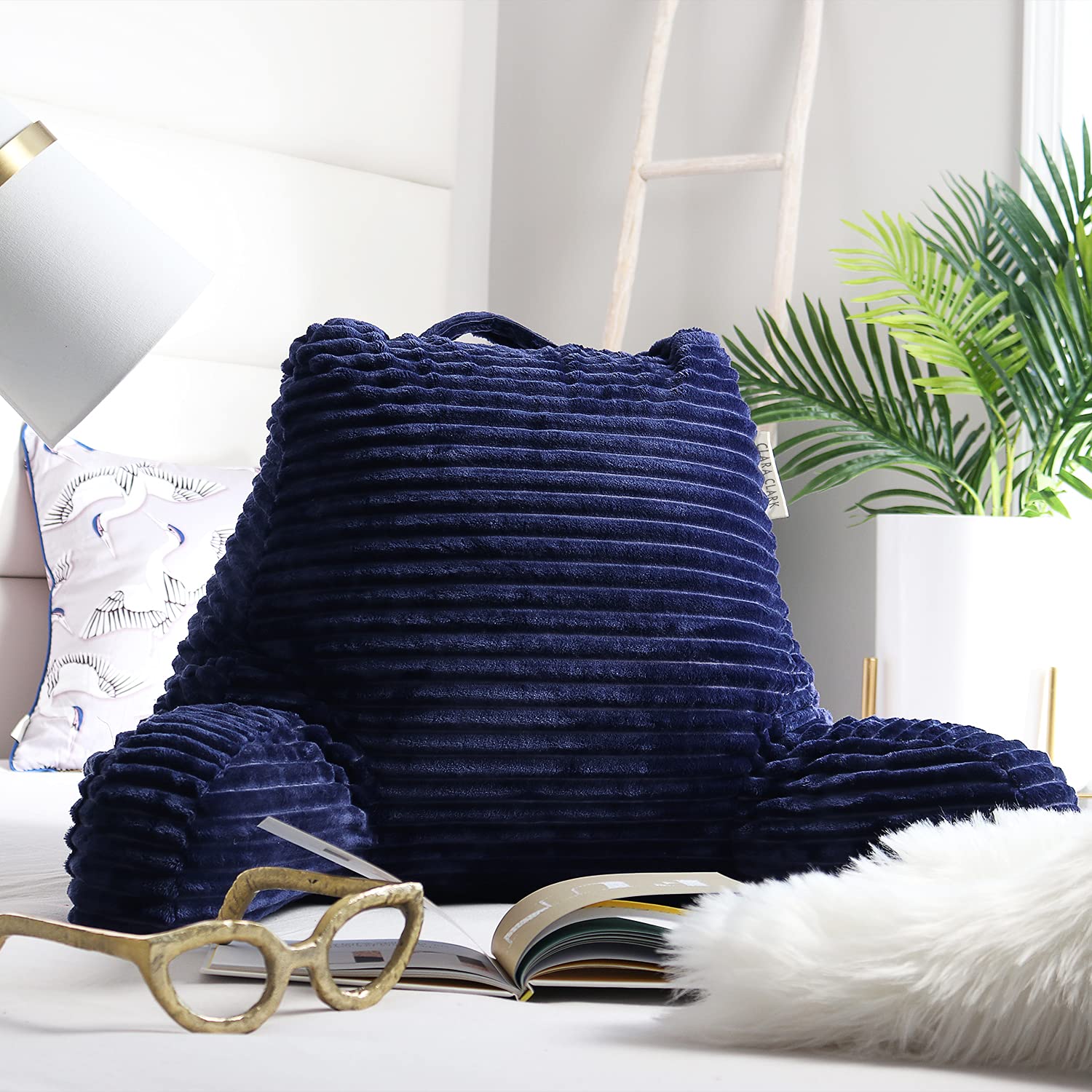 Clara Clark Plush Reading Pillow for Adults - Back Support Pillow with Arms & Pockets for Sitting in Bed, Shredded Foam Bed Rest Pillow (Navy) - Perfect for Reading, Watching TV, or Relaxing in Bed