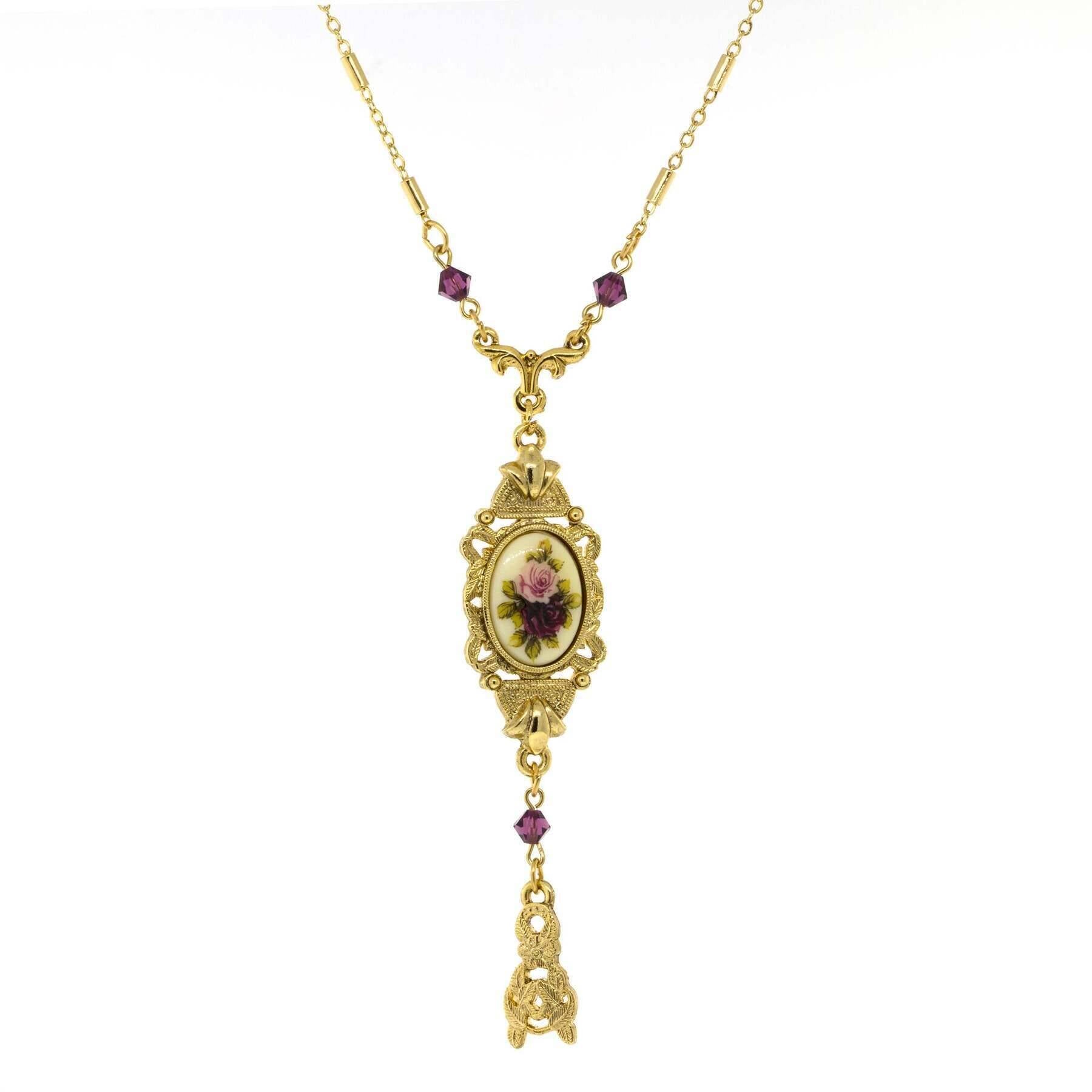 1928 Jewelry Manor House Pink & Purple Floral Drop Pendant Necklace - 24 Inch Vintage Style Jewelry for Women, Perfect for Weddings, Parties & Special Occasions