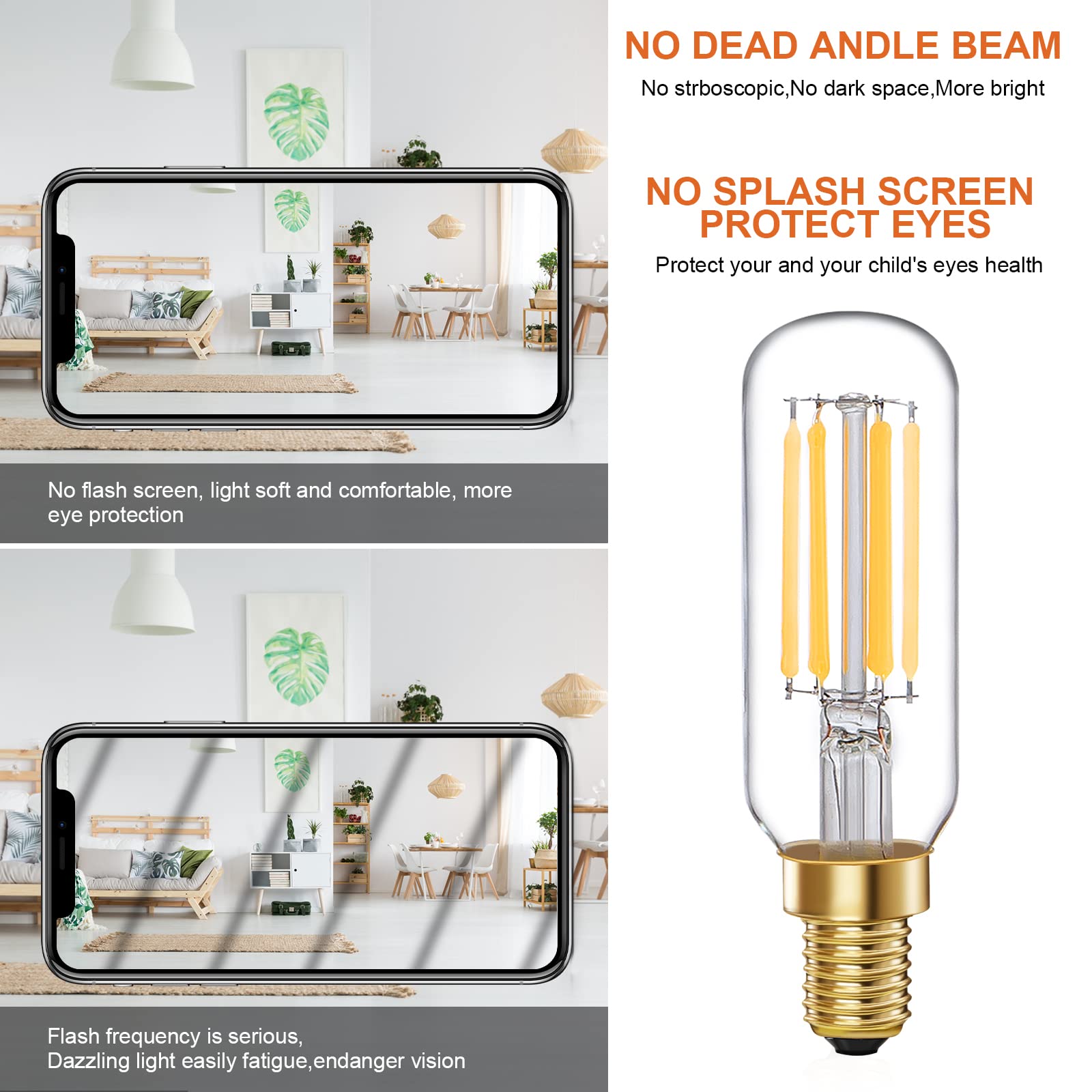 E12 LED Bulb T6 Dimmable Candelabra Bulb 6W (60W Equivalent) 4000K Daylight Edison Light Bulbs - 6 Pack for Chandeliers, Ceiling Fans, Vanity Lights - Perfect for Dining Rooms, Bedrooms & Bathroom Lighting