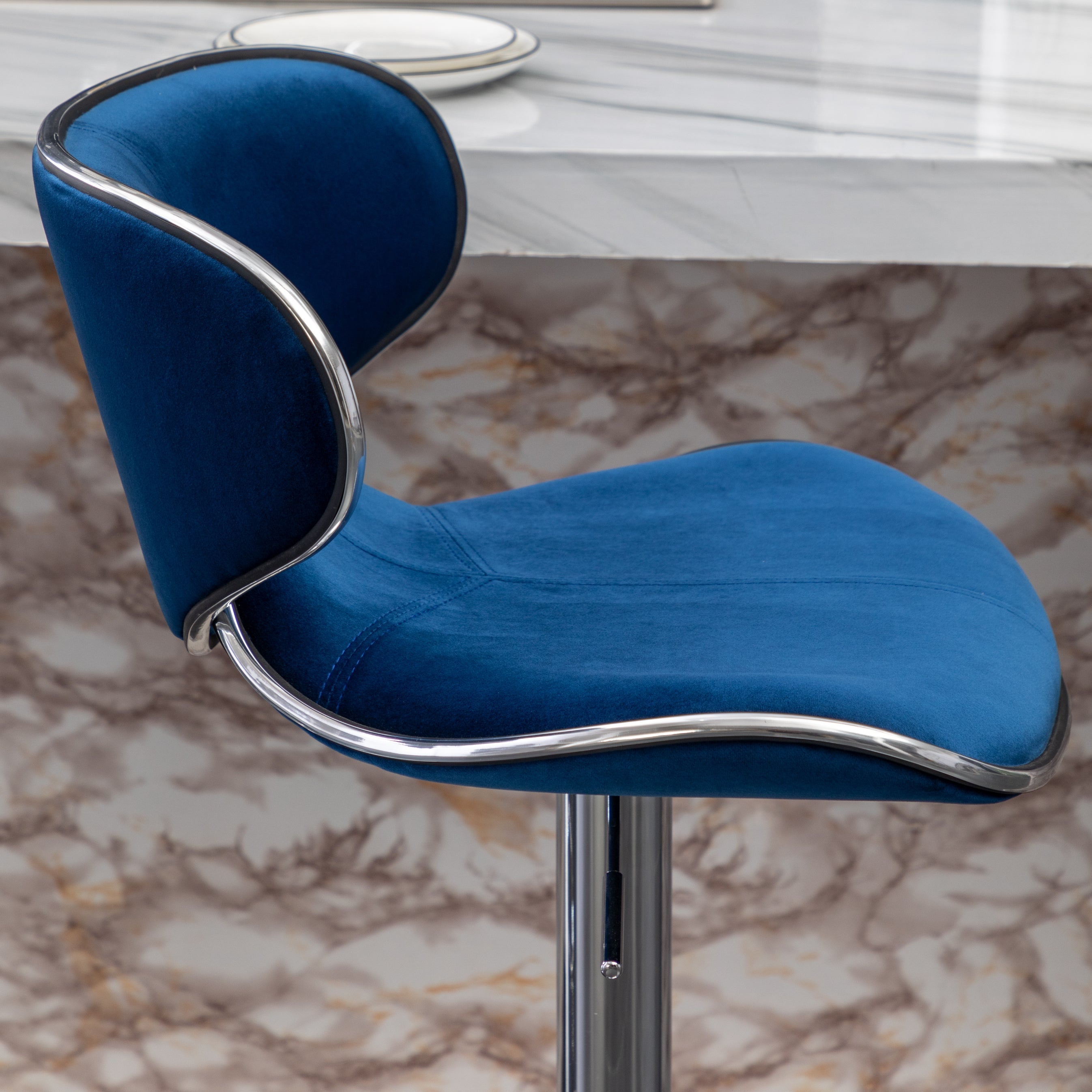 Roundhill Furniture Masaccio Velvet Upholstered Adjustable Swivel Bar Stool - Set of 2 Blue Counter Height Stools for Kitchen Island, Bar, or Breakfast Nook