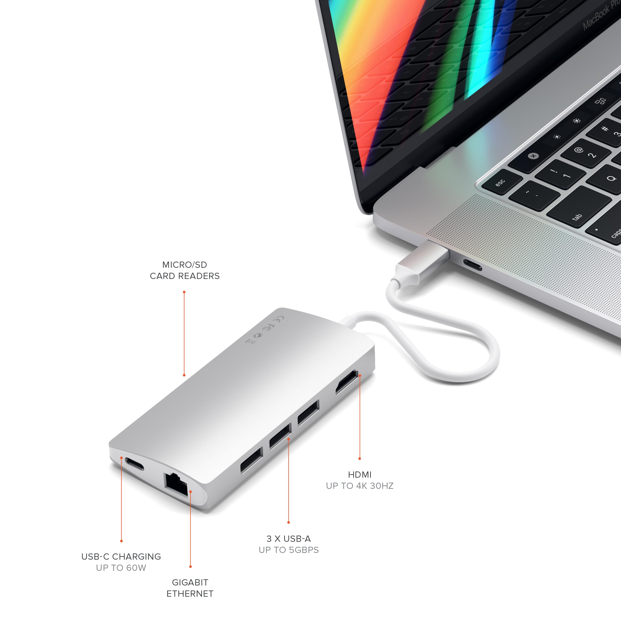 Satechi USB C Hub Multiport Adapter V2 with 4K HDMI (60Hz), 60W USB C Charging, Gigabit Ethernet, SD/Micro Card Readers, USB 3.0 - Compatible with M2/M1 MacBook Pro/Air, M2/M1 iPad Pro/Air, M2 Mac Mini, iMac M1 (Silver) - Perfect for Home Office, Remote Work, and On-the-Go Productivity