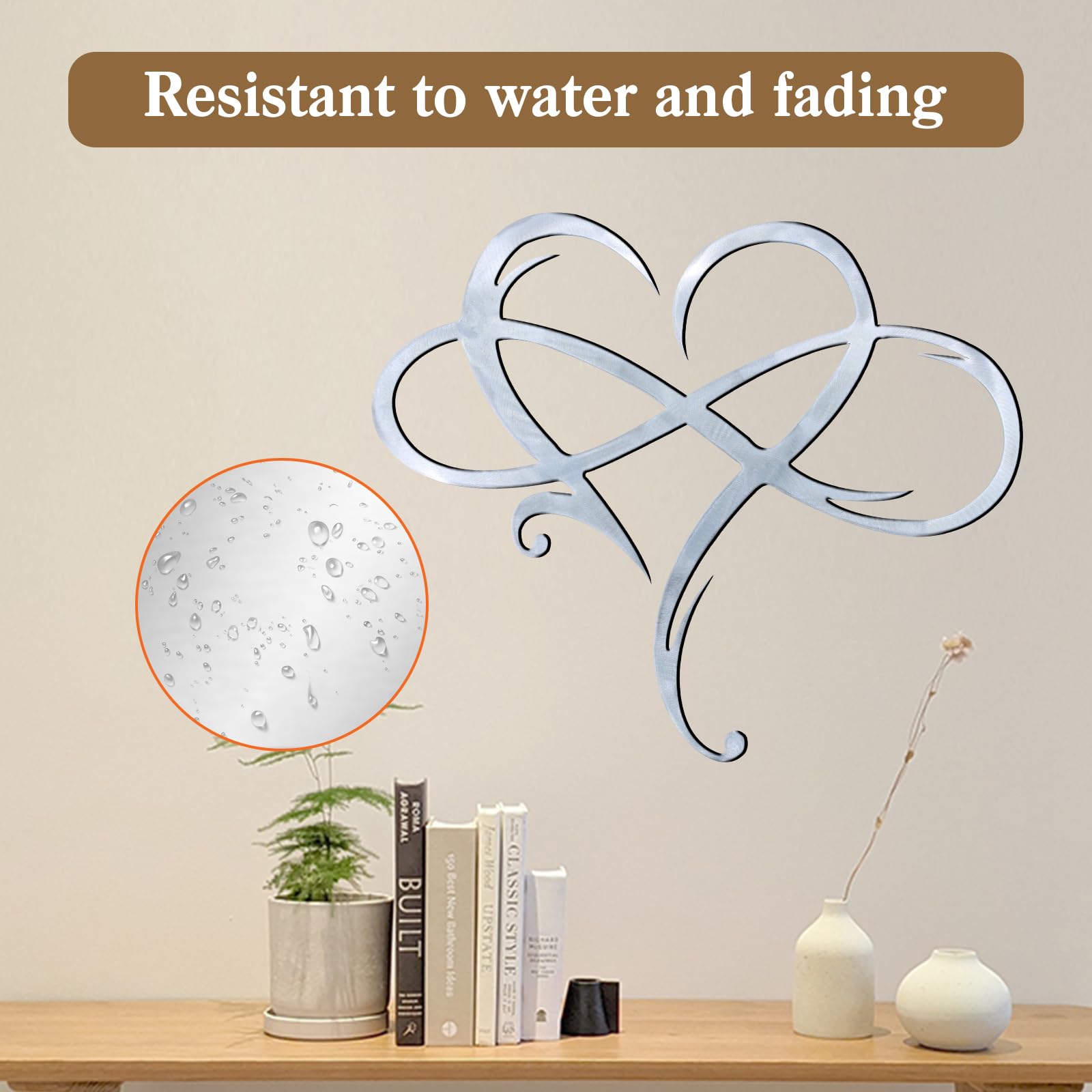 Infinity Heart Metal Wall Art - Elegant Geometric Steel Wall Decor for Bedroom, Living Room, Wedding - Unique Love Sign Plaque & Home Ornament - 11.4x13.7 Inch Silver Wall Hanging for Romantic Decor, Housewarming Gift & Anniversary Present