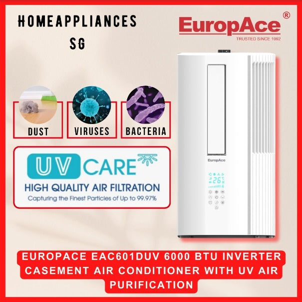 EuropAce EAC601DUV 6000 BTU Inverter Casement Window AC with UV Air Purifier - Energy Efficient Cooling for Bedrooms, Offices & Small Spaces