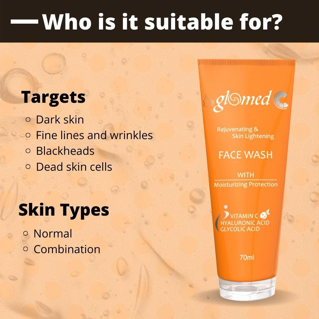 Glomed C Skin Lightening Face Wash 70ml - Vitamin C Brightening Cleanser for Dark Spots & Even Skin Tone | Daily Facial Cleanser for Glowing Skin