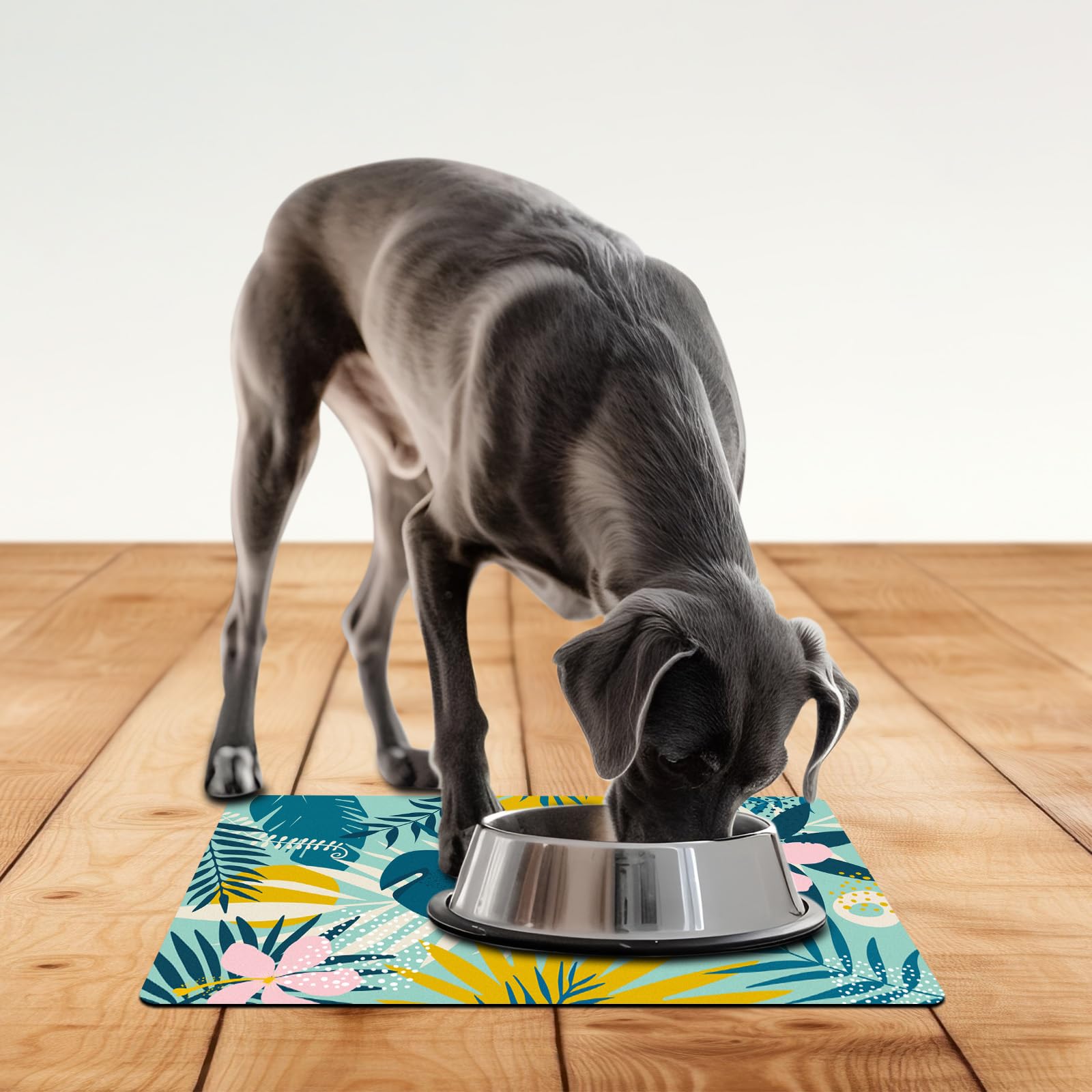 Quick Absorbent Pet Food Mat for Cats and Dogs - Non-Slip Waterproof Feeding Mat, Easy to Clean & Stain Resistant - 12x19 Inches Green Leaf Design - Perfect for Indoor Use Under Food Bowls