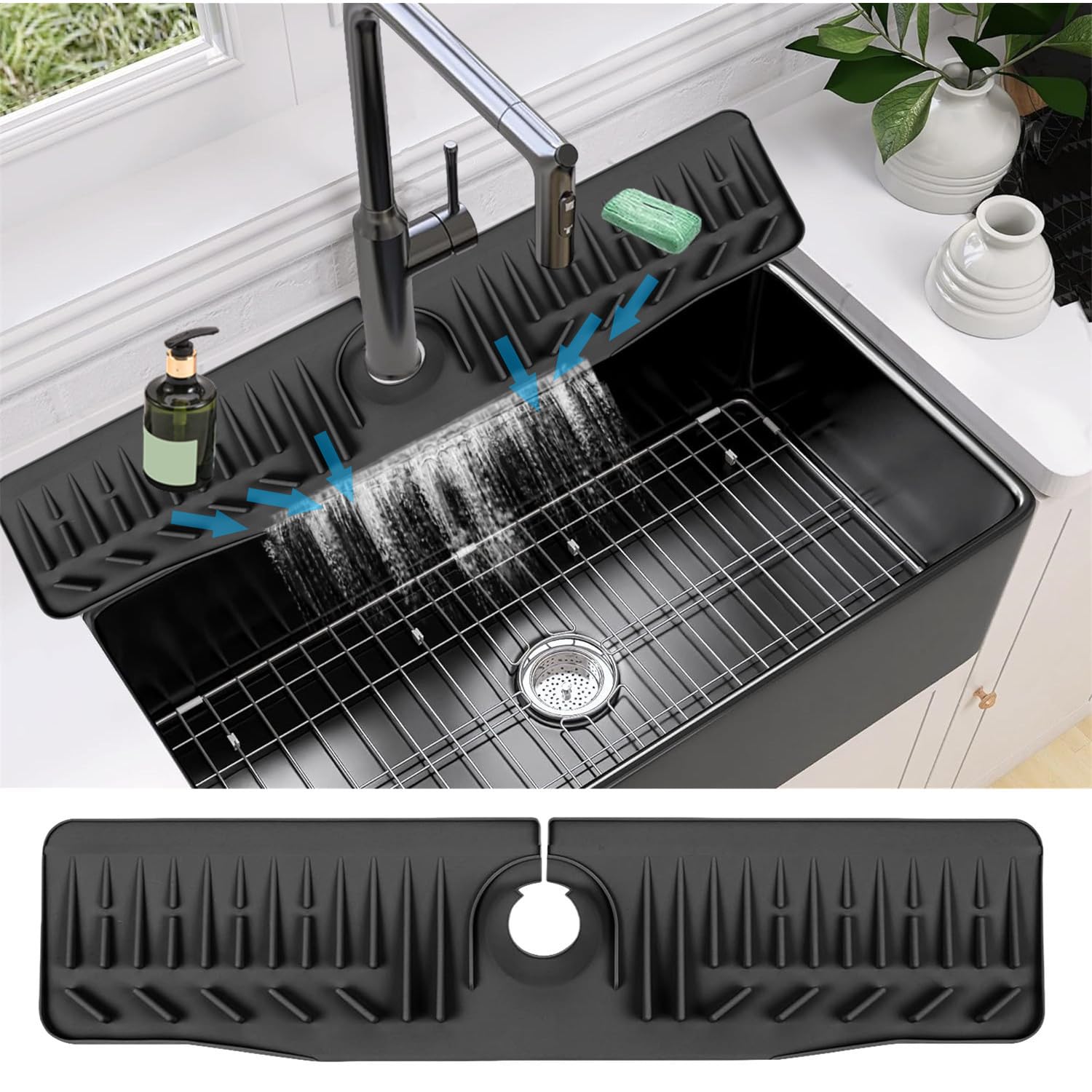 24 Inch Foldable Silicone Sink Drain Mat - Non-Slip Kitchen Counter Drip Tray, 90° Bendable Design for Sink, Faucet & Countertop Protection - Perfect for Kitchen, Bathroom, Farmhouse (Black) - Ideal for Dish Drying, Spill Containment & Decorative Use