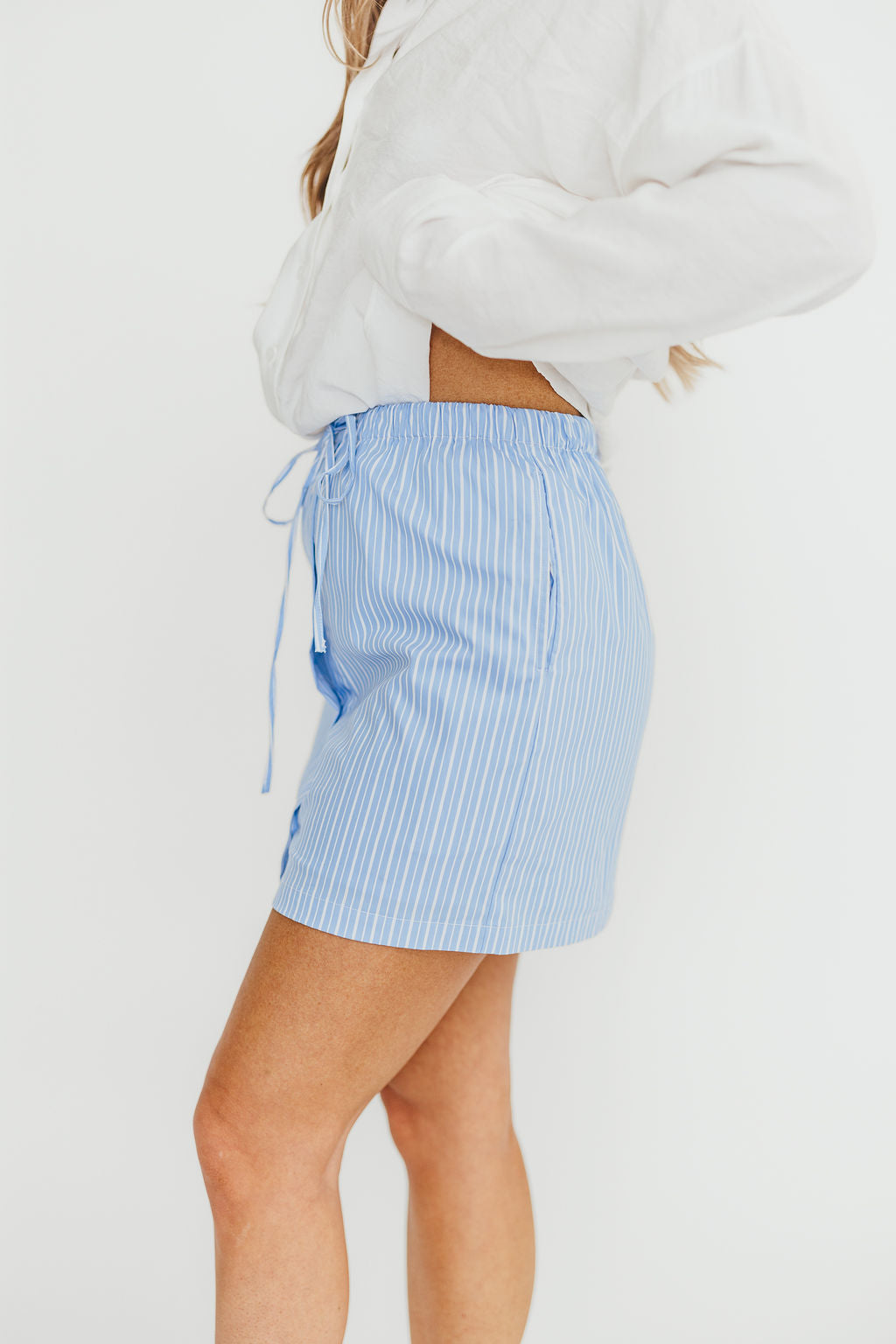 Sia Light Blue Striped Poplin Drawstring Skort - Women's Casual Summer Skirt Shorts for Beach, Golf, and Everyday Wear