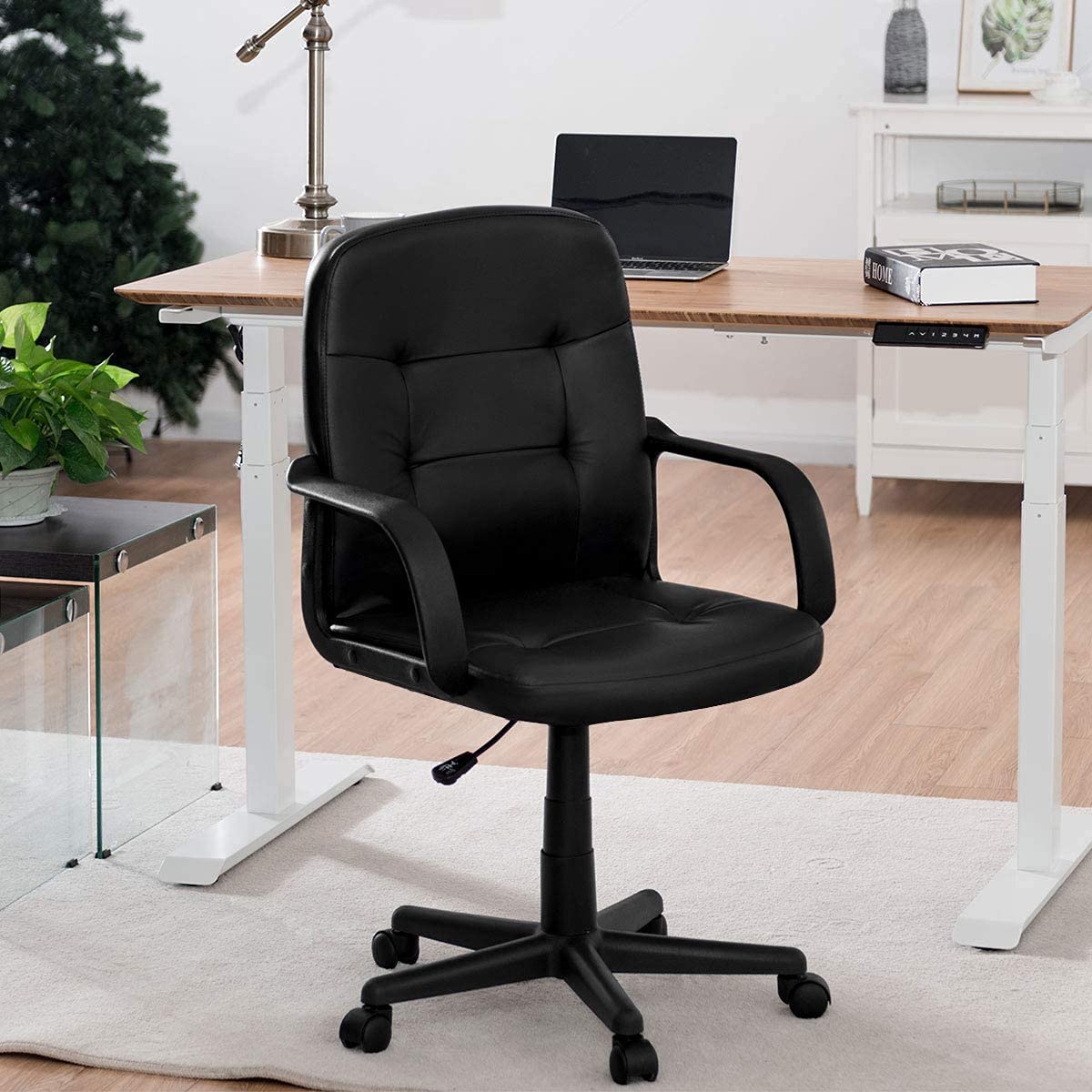 Premium PVC Leather Office Chair - Adjustable Height, Breathable Seat & Ergonomic Armrests - 360° Swivel with Smooth-Rolling Wheels - Perfect for Home Office, Gaming & Workspace (Black)