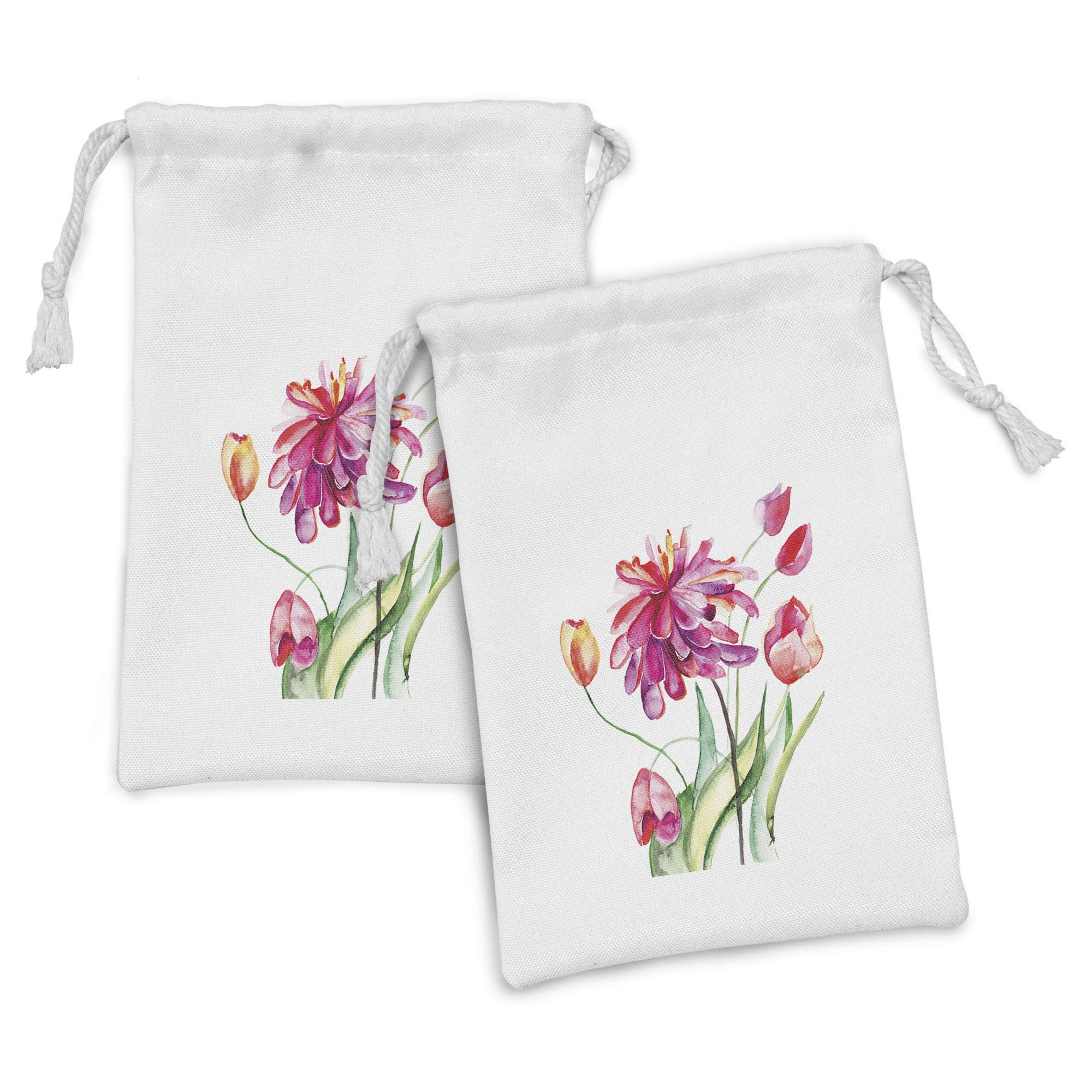Ambesonne 2-Pack Dahlia Fabric Drawstring Pouches - Pastel Watercolor Peony & Orchid Floral Design, 9