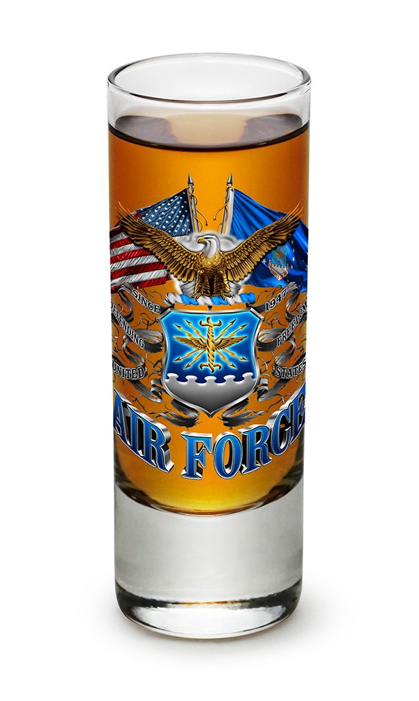 USAF Double Flag Air Force Logo 2oz Shot Glass Set of 12 - Patriotic Military Drinking Glasses for Bourbon, Whiskey & Cocktails - Perfect for Veterans Day, Military Parties & Man Cave Barware