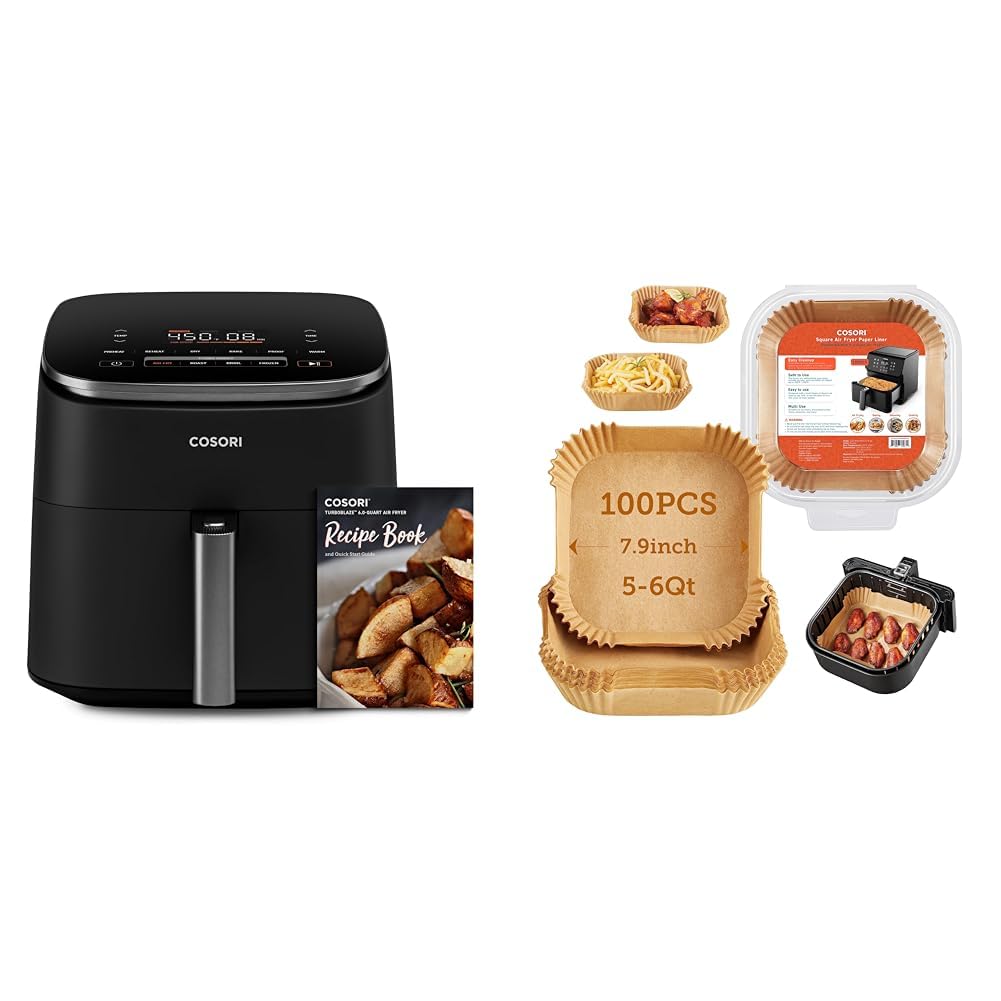 COSORI TurboBlaze 6.0-Quart Air Fryer with Rapid Air Technology - Compact Countertop Oven for Healthy Frying, Roasting, Baking - Includes 50 Air Fryer Liners - Perfect for Family Dinners, Meal Prep & Quick Snacks