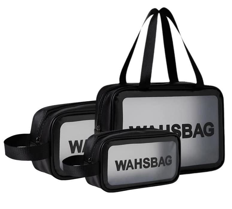 Trendegic Waterproof Clear PVC Zipper Cosmetic Travel Wash Bag - 3 Pack Toiletry Makeup Organizer Pouch for Women & Girls (Black) | Perfect for Travel, Gym, Camping & Daily Storage