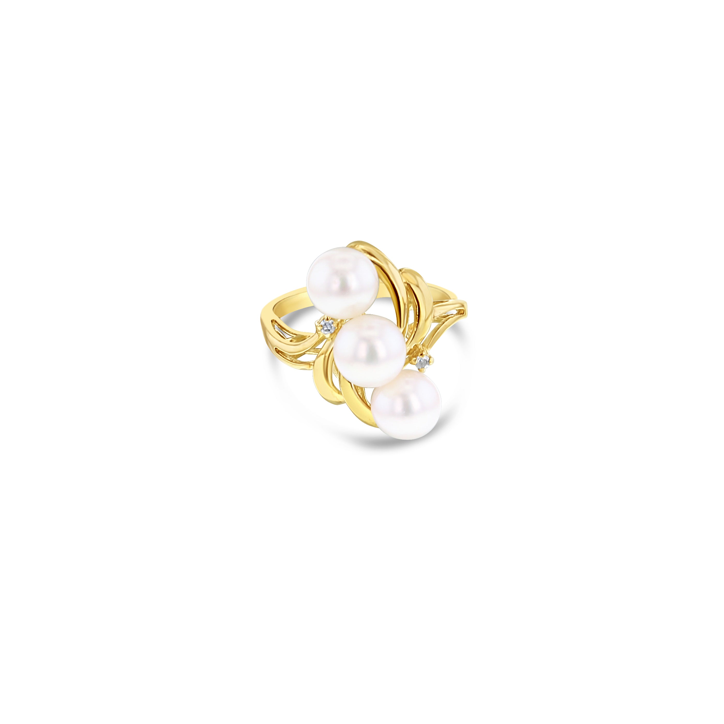 14K Yellow Gold Three Pearl Diagonal Cluster Ring with Diamond Accents - Elegant Jewelry for Weddings, Anniversaries & Special Occasions