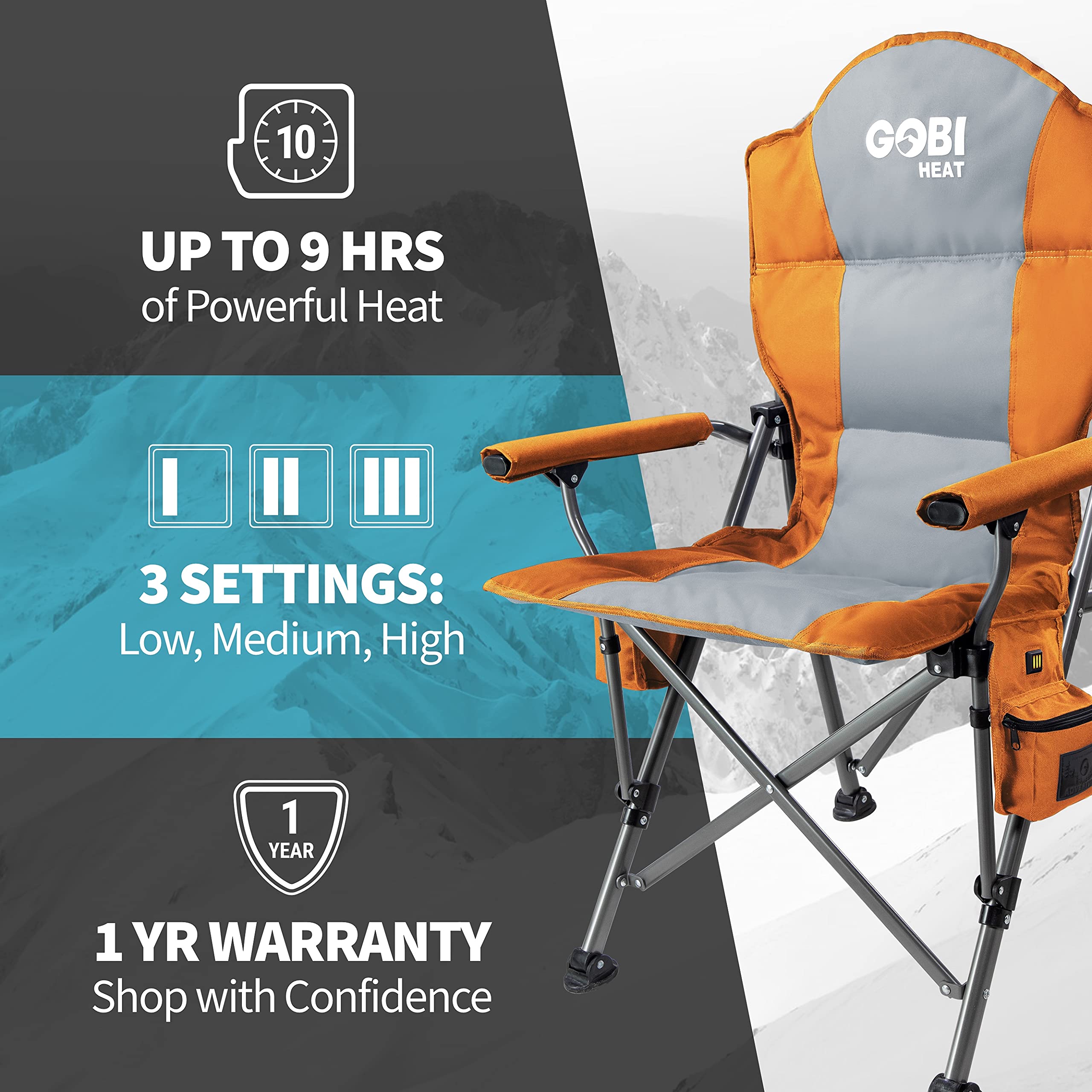 Gobi Heat - Terrain Portable Heated Camping Chair with 3 Adjustable Heat Settings - Outdoor Folding Chair for Winter Camping, Hunting & Backpacking - Perfect for Cold Weather Adventures, Tailgating & Ice Fishing