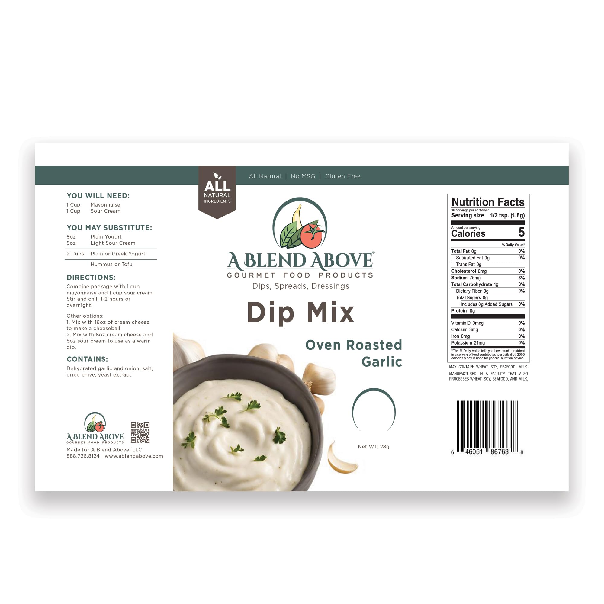 Oven Roasted Garlic Dip Mix - 1 oz (3 Pack) | Gluten-Free, No MSG, All Natural, No Preservatives | Keto & Low Carb Friendly | Easy to Make Vegetable Dip for Parties, Snacks & Healthy Eating