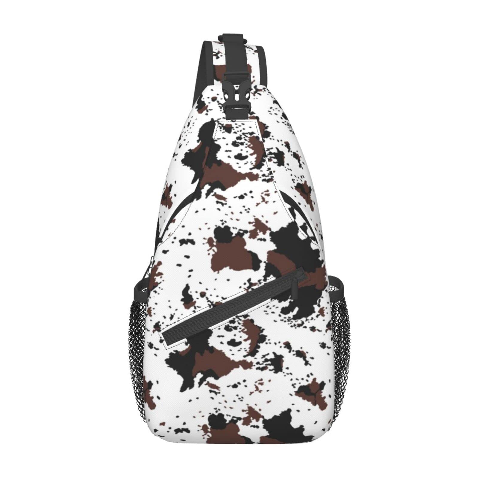 Stylish Cow Print Sling Bag - Adjustable Crossbody Backpack with Rustic Cowhide Texture in Black & Brown | Western Farmhouse Fashion Accessory for Travel, Shopping & Daily Use