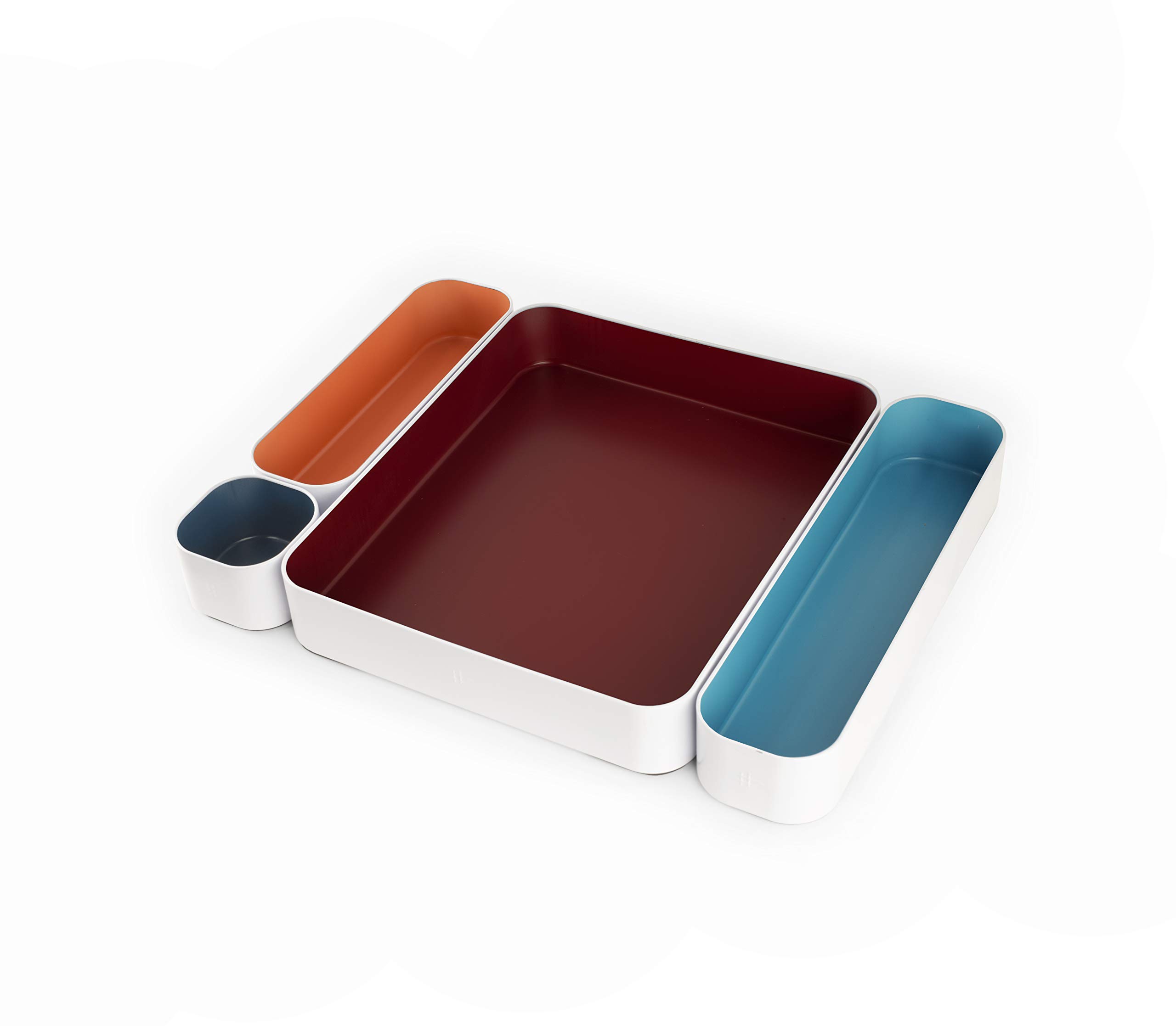 4-Piece Metal Organizer Tray Set for Makeup, Office Supplies & Kitchen Utensils - 2 Inch Drawer Organizer in Berry, Sunset, Blue & Stripes - Perfect for Desk, Bathroom & Kitchen Storage Organization