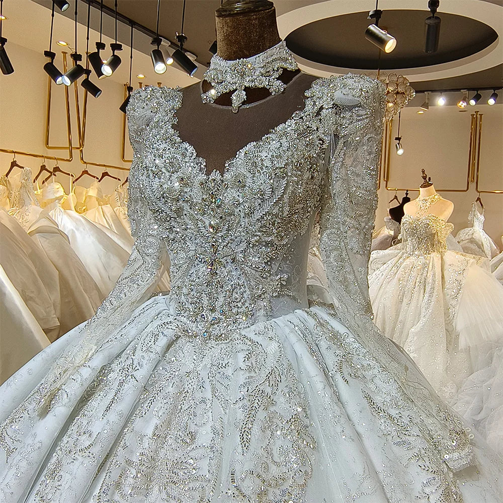 Vintage Glitter Long Sleeve Pleated Ball Gown Backless Wedding Dress - Elegant Evening Gown for Prom, Bridal Party & Formal Events