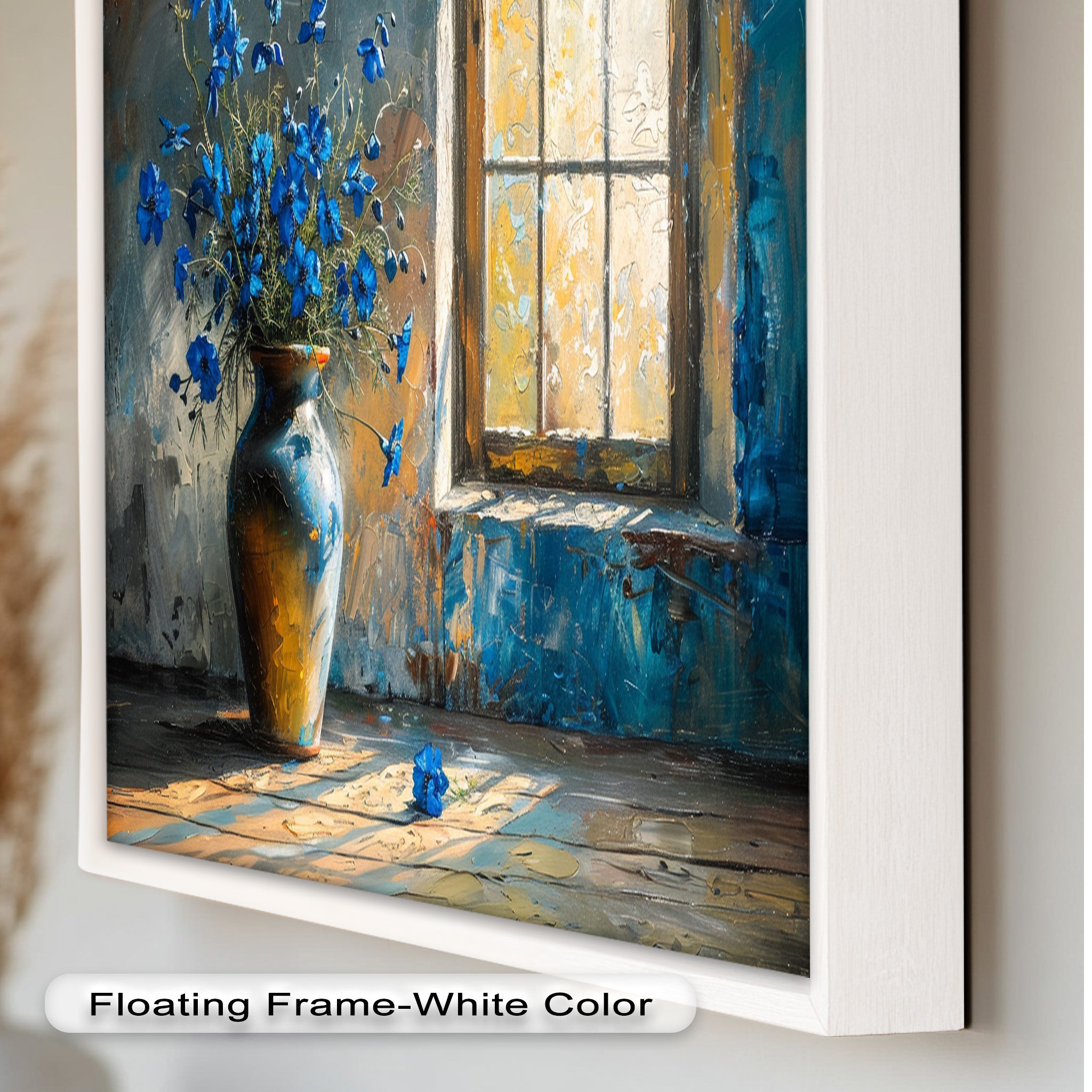 Blue Flowers in Vase - Rustic Still Life Oil Painting on Canvas - Perfect for Farmhouse Decor, Living Room Wall Art & Home Office