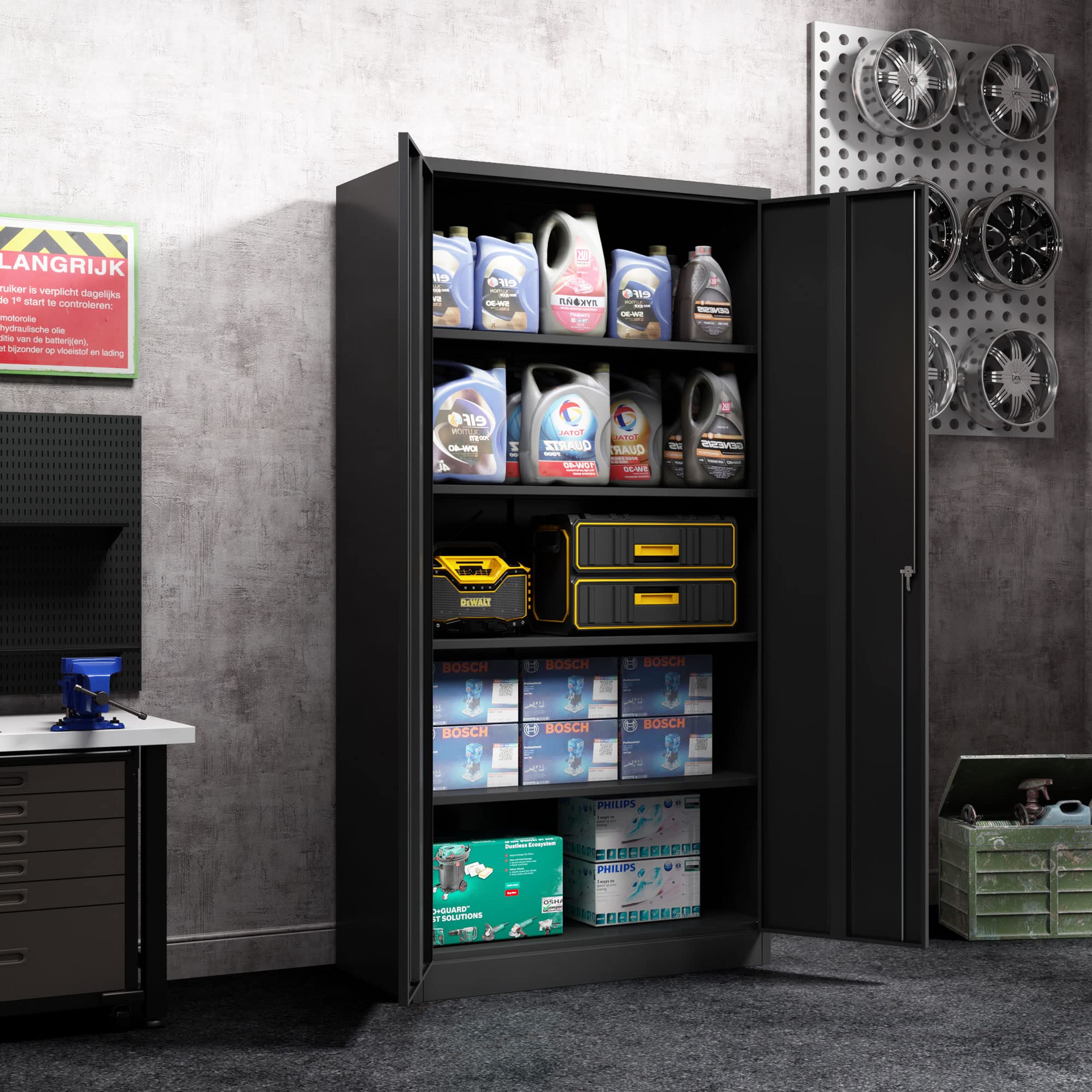 Aobabo 72-Inch Tall Metal Storage Cabinet with Handle Locking System - 4 Adjustable Shelves Steel Organizer for Office, Garage, Warehouse & Home Storage - Black (Assembly Required) - Perfect for Organizing Tools, Files & Supplies