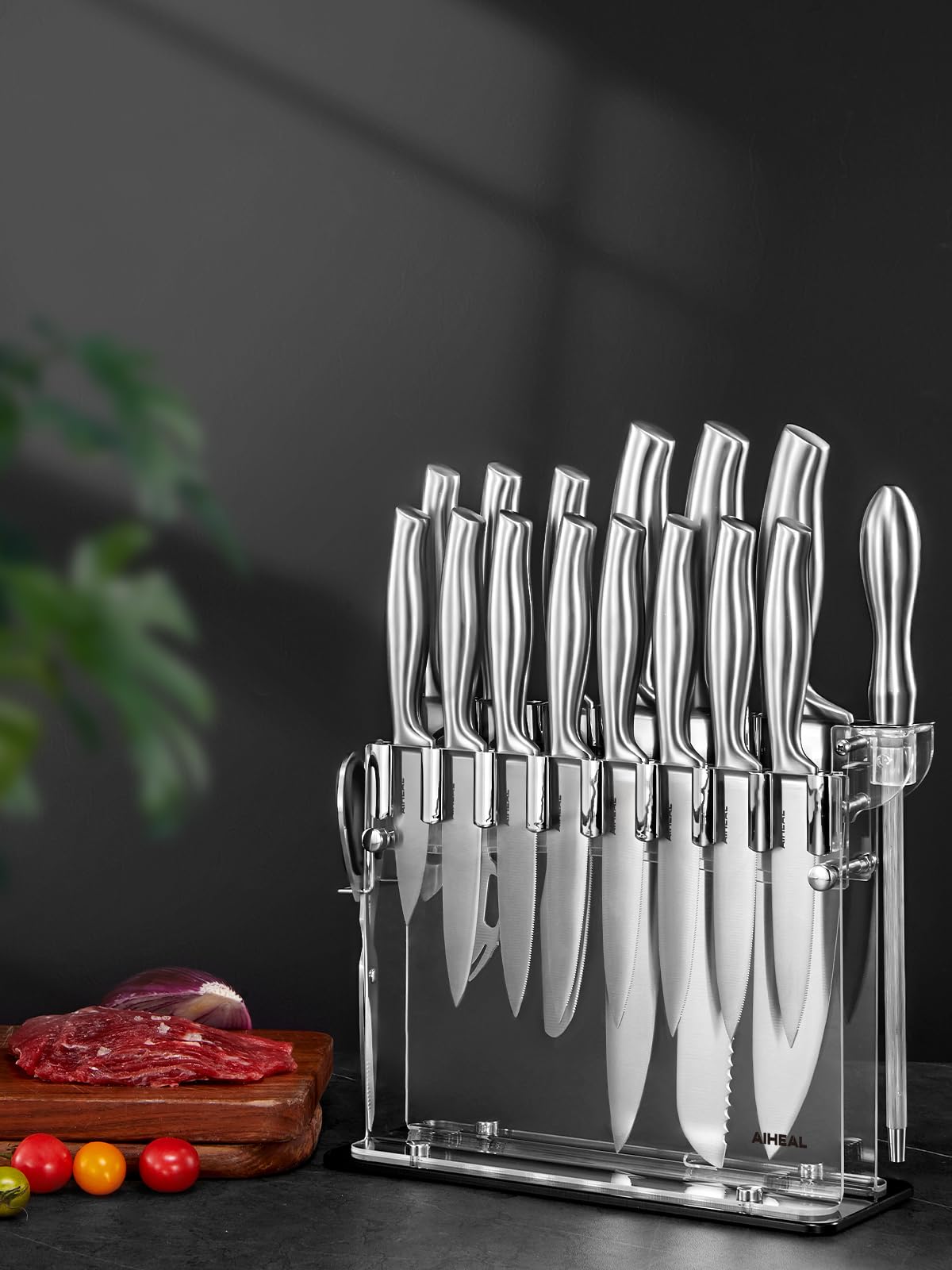 17-Piece Stainless Steel Kitchen Knife Set with Acrylic Stand - Super Sharp, Rust-Free Knives Including Steak Knives & Built-in Sharpener | Perfect for Home Chefs, Cooking Enthusiasts & Professional Kitchens