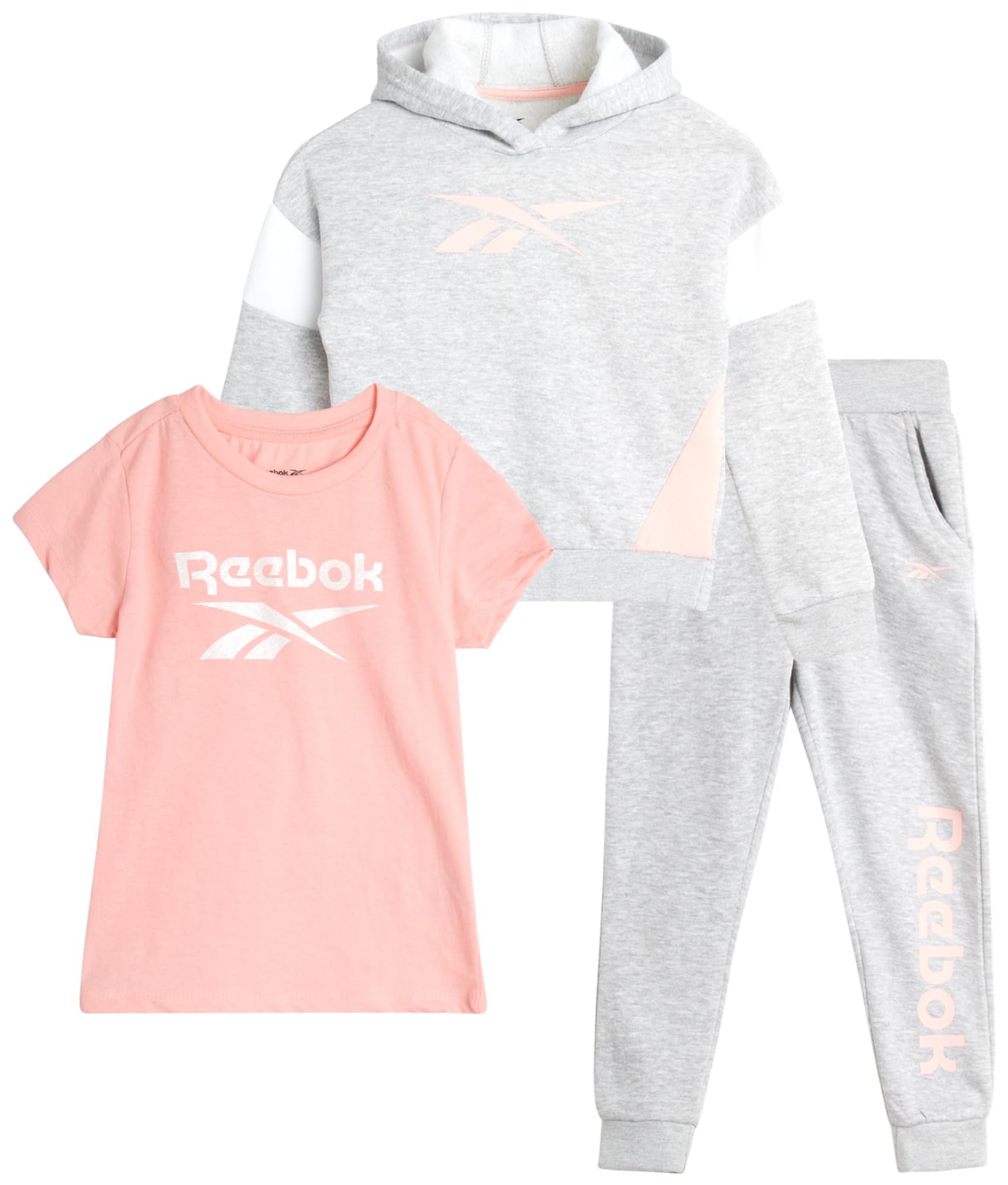 Reebok Girls 3-Piece Active Fleece Sweatsuit Set - Soft Sweatshirt, Jogger Pants & T-Shirt - Comfortable Toddler & Kids Activewear (2T-6X) - Perfect for Playtime, Gym & Casual Outfits