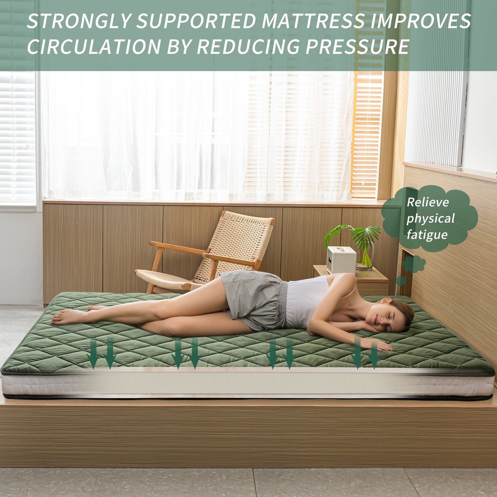 MAXYOYO Diamond Patterned Padded Japanese Floor Mattress - Extra Thick Quilted Mattress Topper in Green | Perfect for Guest Beds, Meditation & Small Spaces