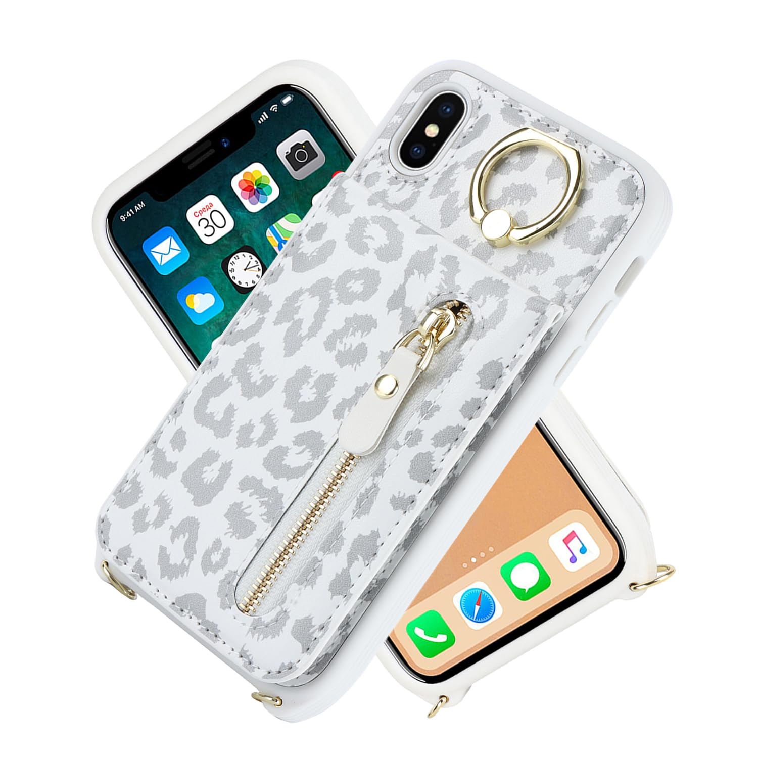 Premium iPhone Xs Max Wallet Case for Women - Slim Card Holder with Strap, Kickstand & Zipper Closure (White Leopard Print) | Perfect for Everyday Use, Travel & Hands-Free Convenience