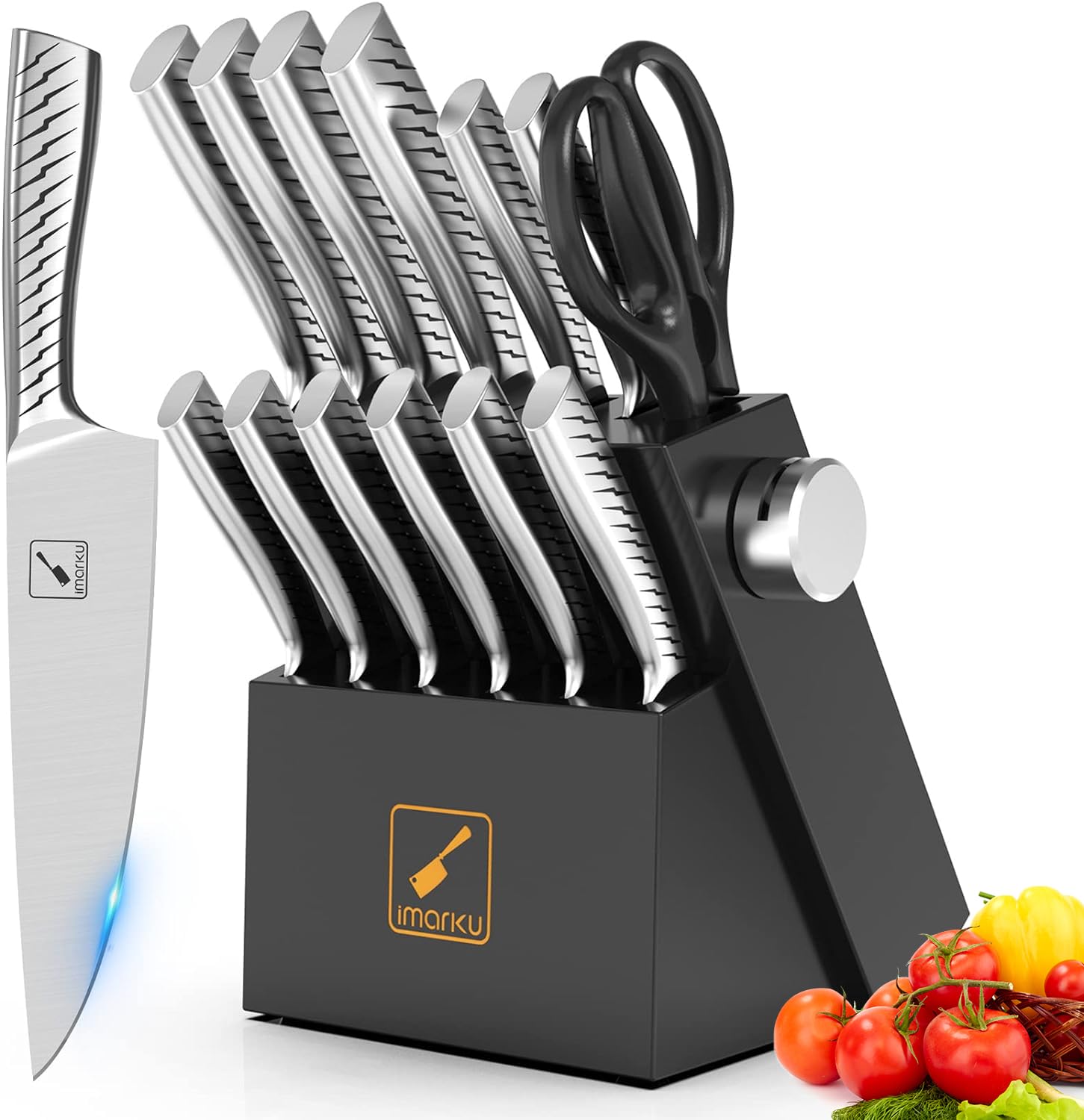 Imarku 14-Piece Premium Kitchen Knife Set with Block & Sharpener - High Carbon Stainless Steel Chef Knives for Cooking, Slicing & Chopping - Dishwasher Safe Black Knife Set for Home & Professional Kitchens