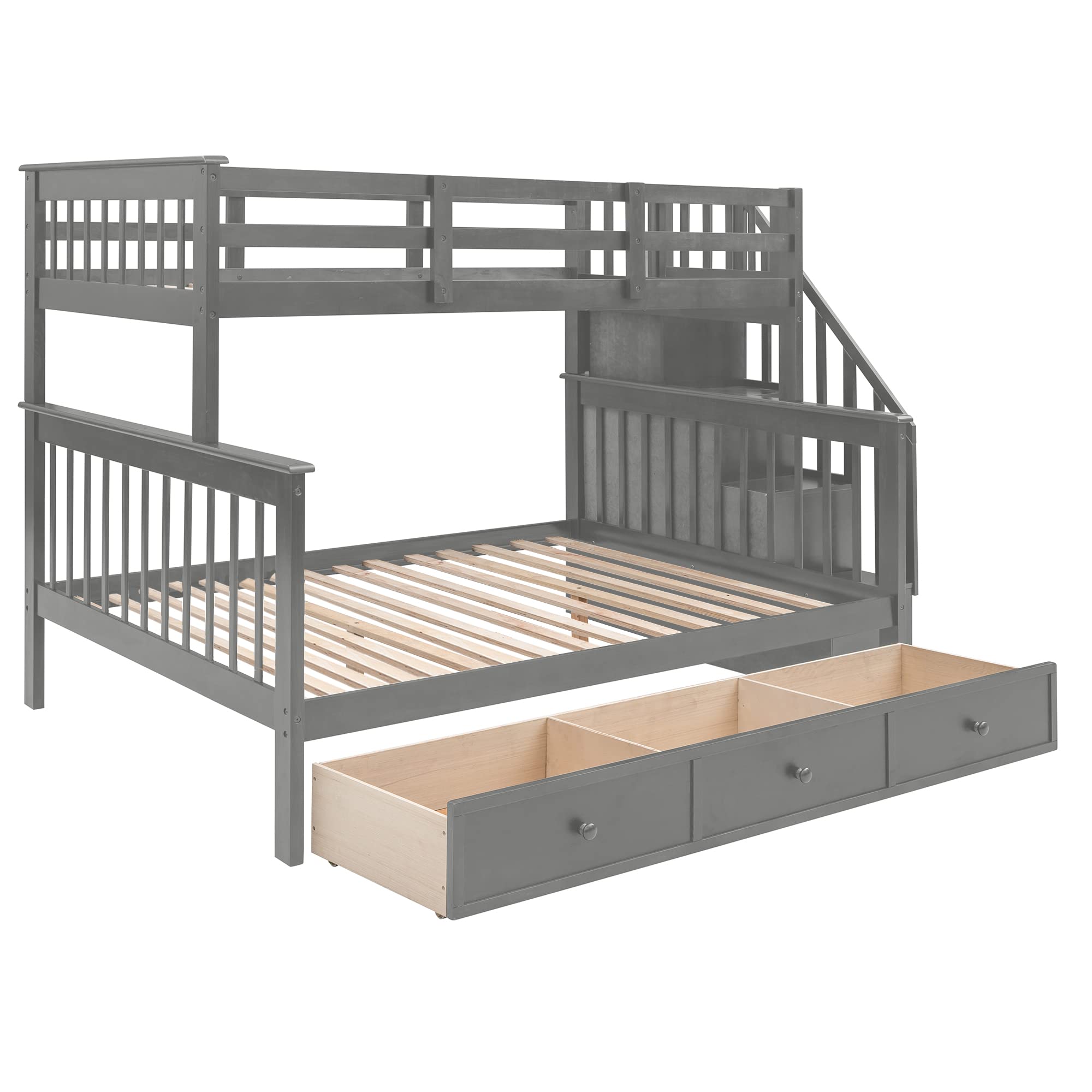 Harper & Bright Designs Twin Over Full Bunk Bed with Stairs - Wooden Bunk Bed Frame with Storage Drawers for Kids, Space-Saving Bedroom Furniture for Girls & Boys (Grey) | Perfect for Small Rooms, Shared Kids' Bedrooms & Vacation Homes