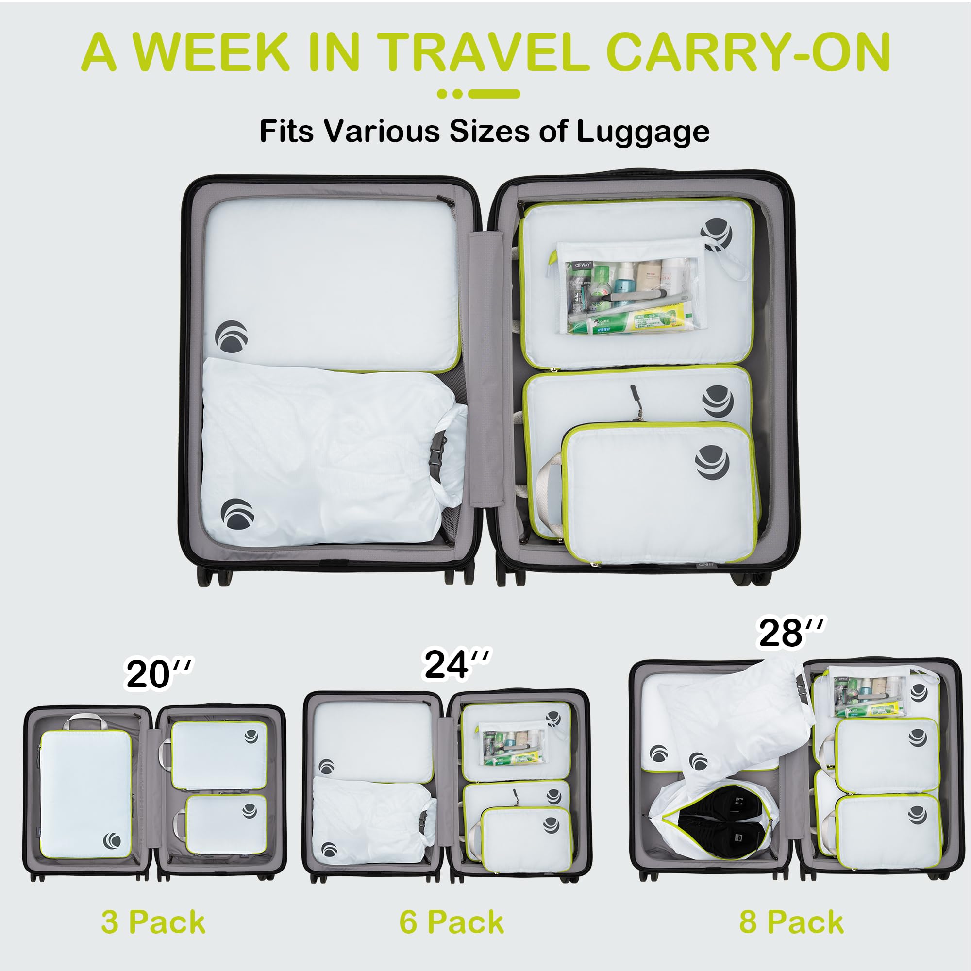 Ultralight Compression Packing Cubes Set - 6-Piece Travel Organizer with Laundry Bag & Clear Toiletries Case | Perfect for Carry-On Luggage, Business Trips & Vacation Packing (White)